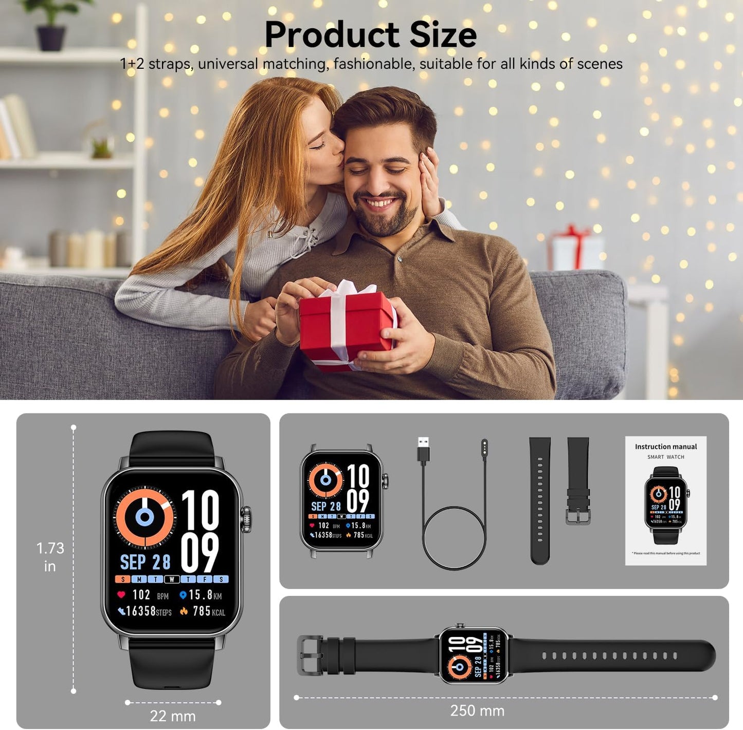 Smart Watches for Men Women, 1.83" HD Touchscreen Fitness Tracker with Bluetooth Calls, IP68 Waterproof, 120+ Sport Modes, 7-Day Battery, 24/7 Heart Rate & Sleep Monitor for iPhone Android iOS (Black)