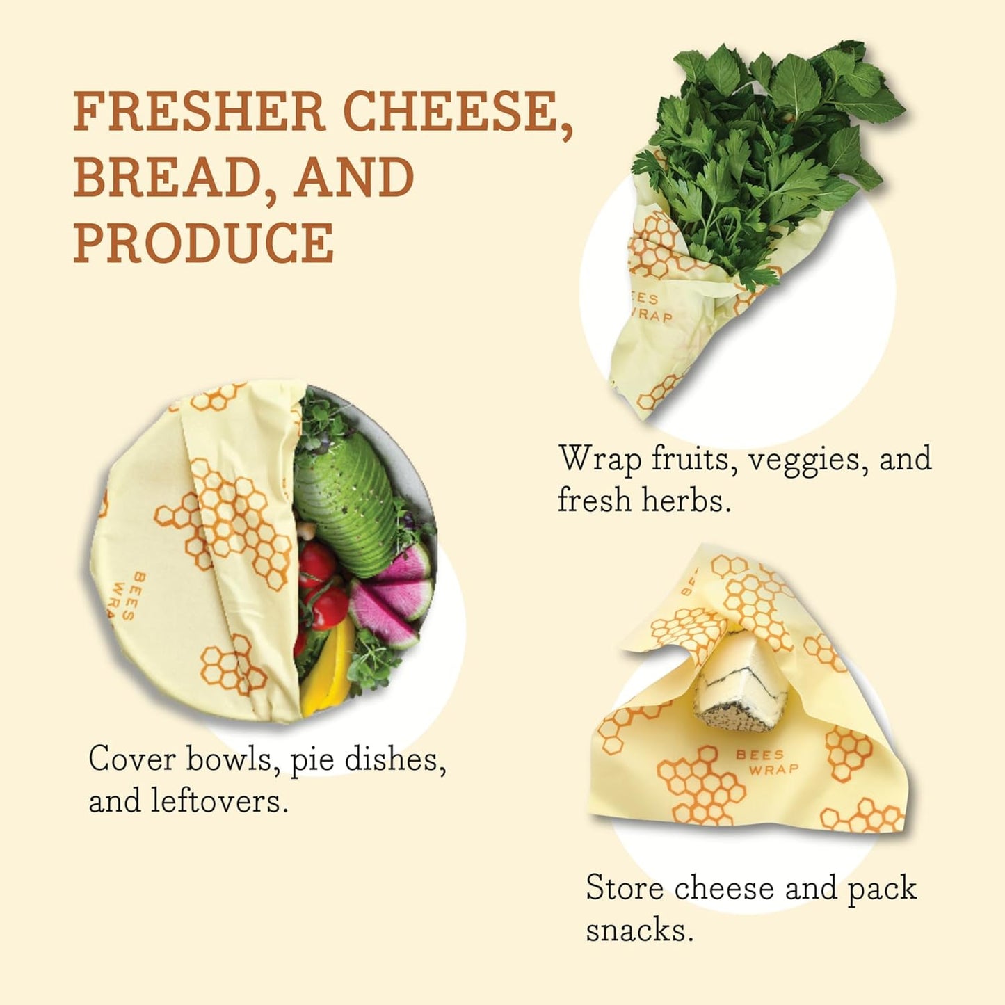 Bee's Wrap Beeswax Wraps for Food - Honeycomb 3 Pack (S, M, L) Made in USA Reusable & Organic Food Wraps, Sandwich Wrap & Bowl Covers - Eco-Friendly Alternative to Aluminum Foil & Plastic Wrap