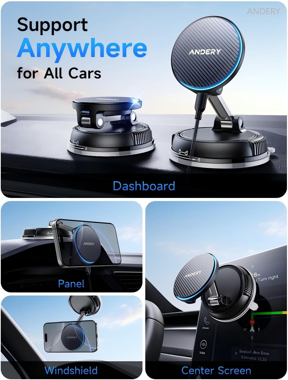 ANDERY Only for iPhone Magsafe Car Mount Charger [15W Wireless Faster Charging, 78+LBS Strongest Suction, 2400gf Strongest Magnetic] 360° Adjustable Car Phone Holder, Valentine's Day Gifts for Him Her