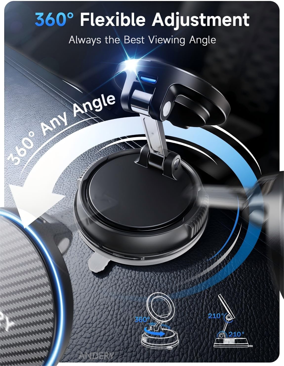 ANDERY Only for iPhone Magsafe Car Mount Charger [15W Wireless Faster Charging, 78+LBS Strongest Suction, 2400gf Strongest Magnetic] 360° Adjustable Car Phone Holder, Valentine's Day Gifts for Him Her