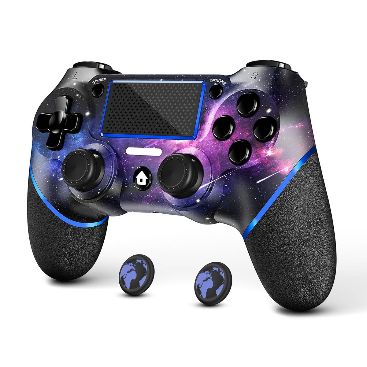 AceGamer Wireless Controller for PS4 – Custom V2 Gamepad with Non-Slip Grip, 3.5mm Audio Jack & Thumb Caps (Galaxy Design)