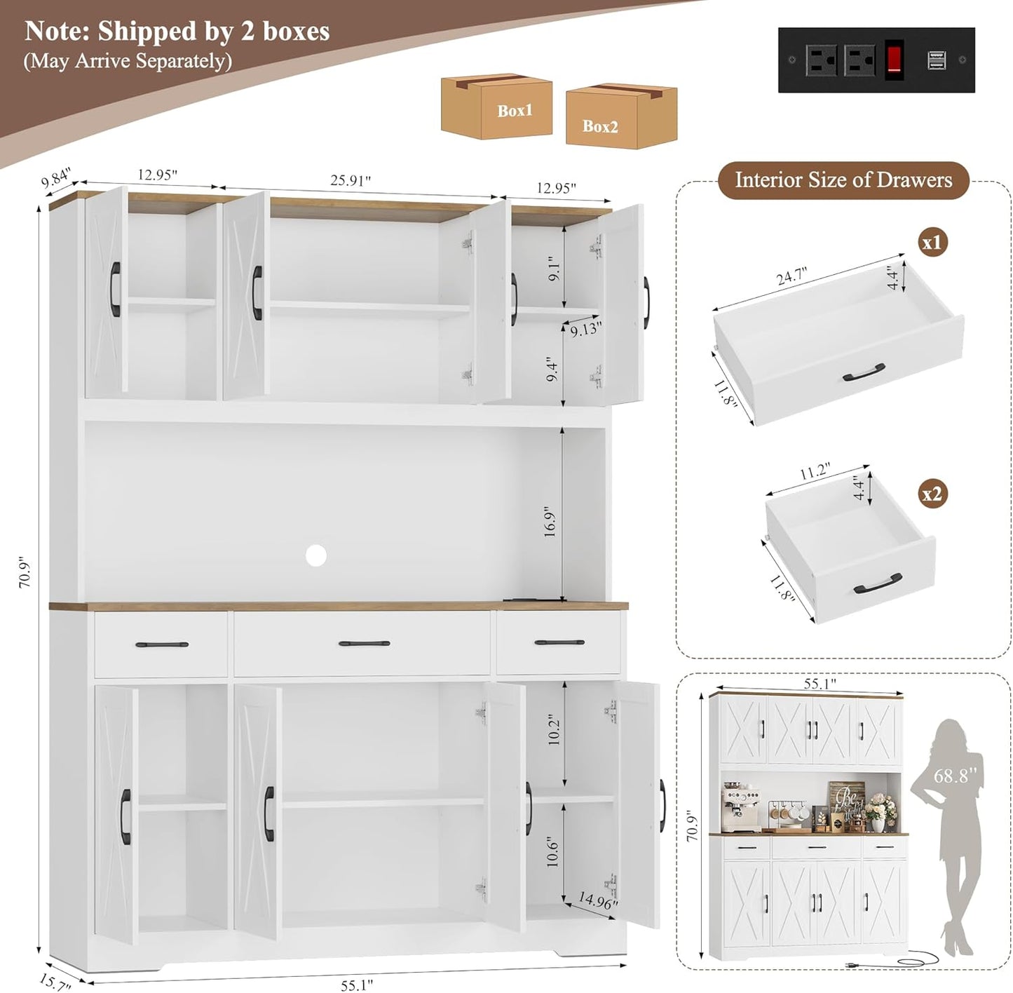 HOSTACK 71" Tall Kitchen Pantry Storage Cabinet with Charging Station, 55" Wide Kitchen Hutch Cabinet with Large Countertop, Farmhouse Food Pantry with Drawers for Living Room (White)