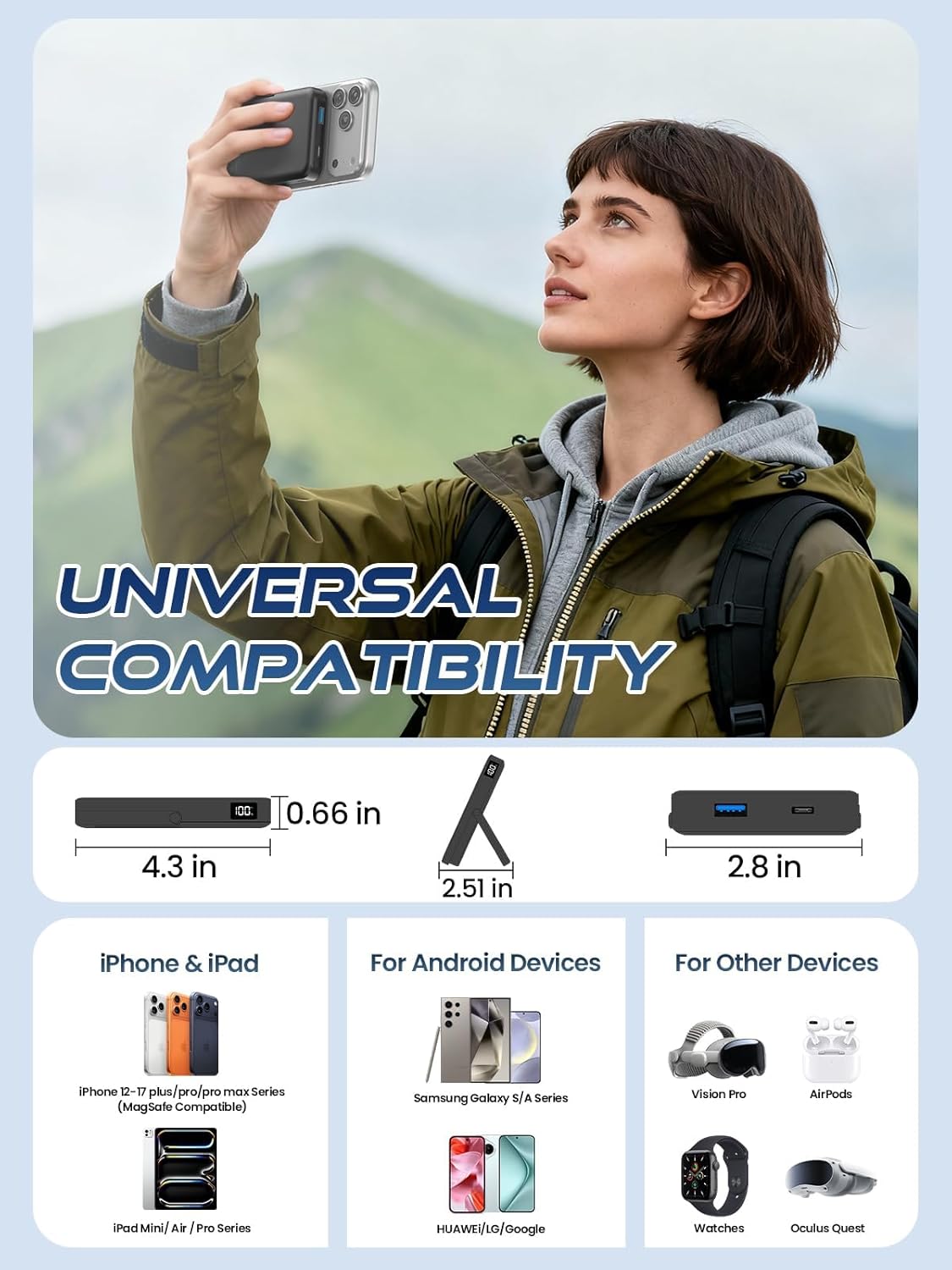 Portable Charger for Magsafe Battery Pack,10000mAh Power Bank with Foldable Stand,Travel PD 22.5W Fast Charge,Magnetic Charge Wireless Charger for iPhone 17/16/15/14/13/12 Series–Black