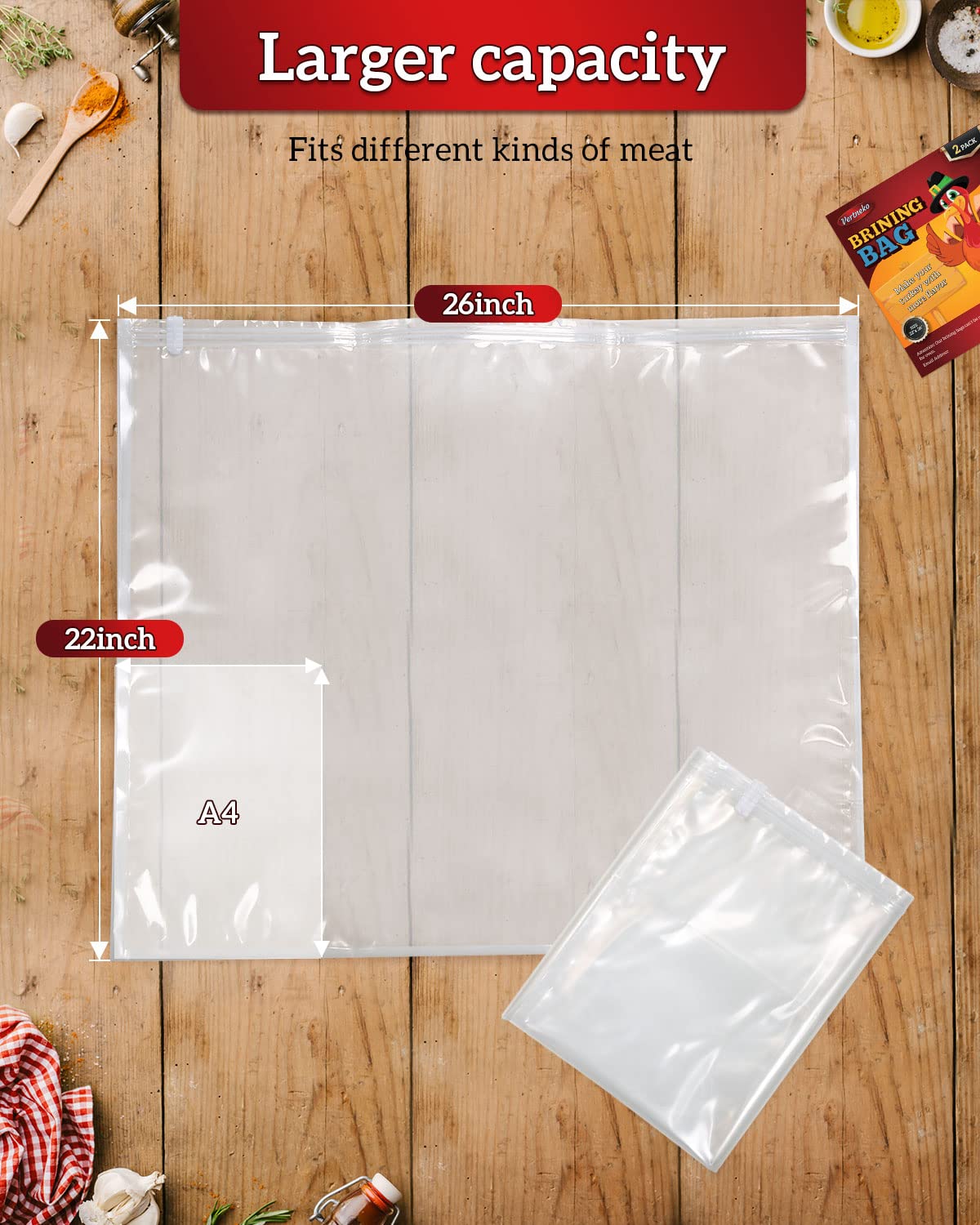 Turkey Brine Bags, 26"×22", 2 Pack, Holds up 35lbs, Thicker Brining Bags with Double Zip Lock & 2 Cotton Strings, Extra Large Brine Bag Fits for Turkey, Chicken, Beef, Fish, Lamb, Pork