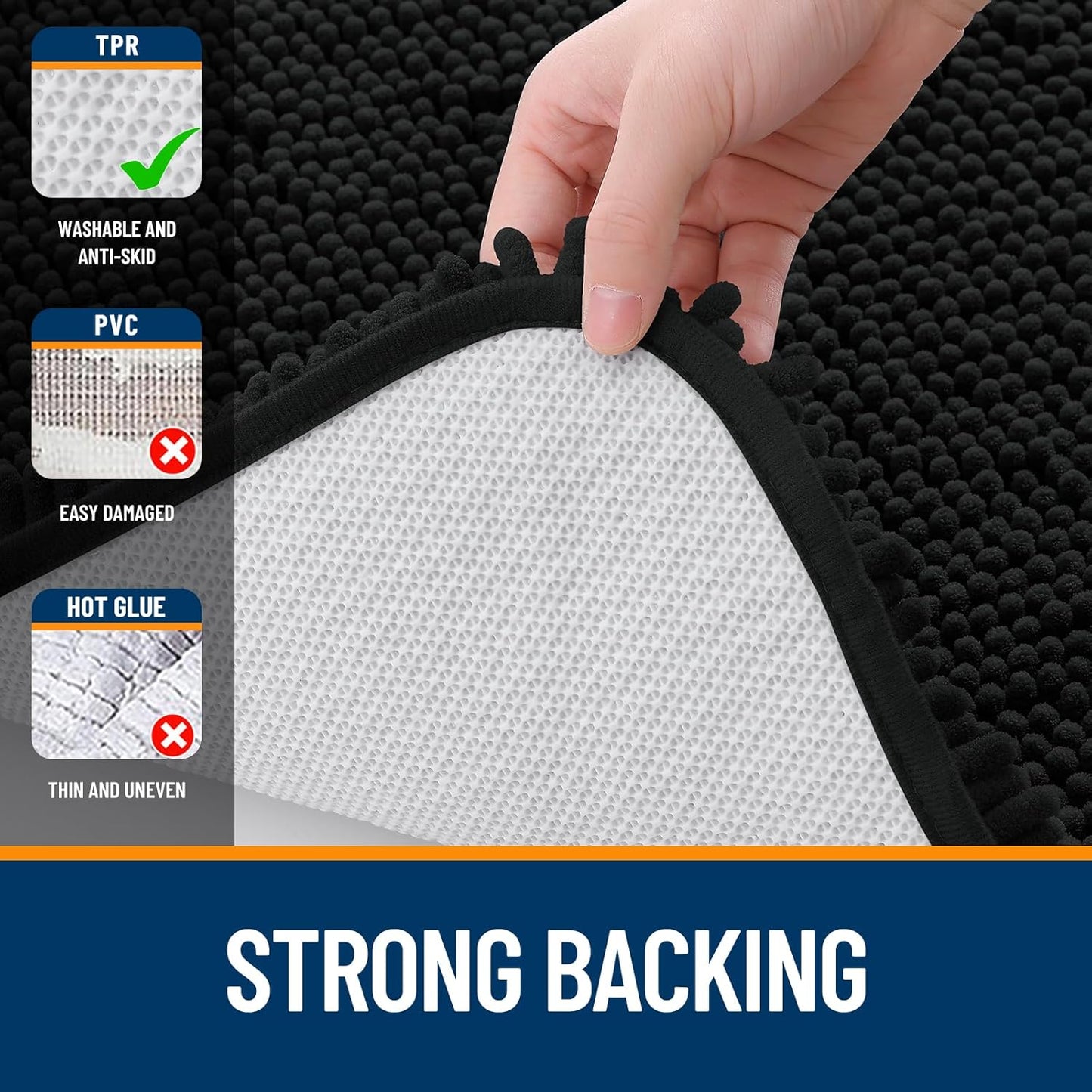 OLANLY Black Bathroom Rug 30x20, Extra Soft Absorbent Chenille Bath Rugs, Rubber Backing Quick Dry, Machine Washable Bath Mats for Bathroom Floor, Tub and Shower, Home Decor Accessories