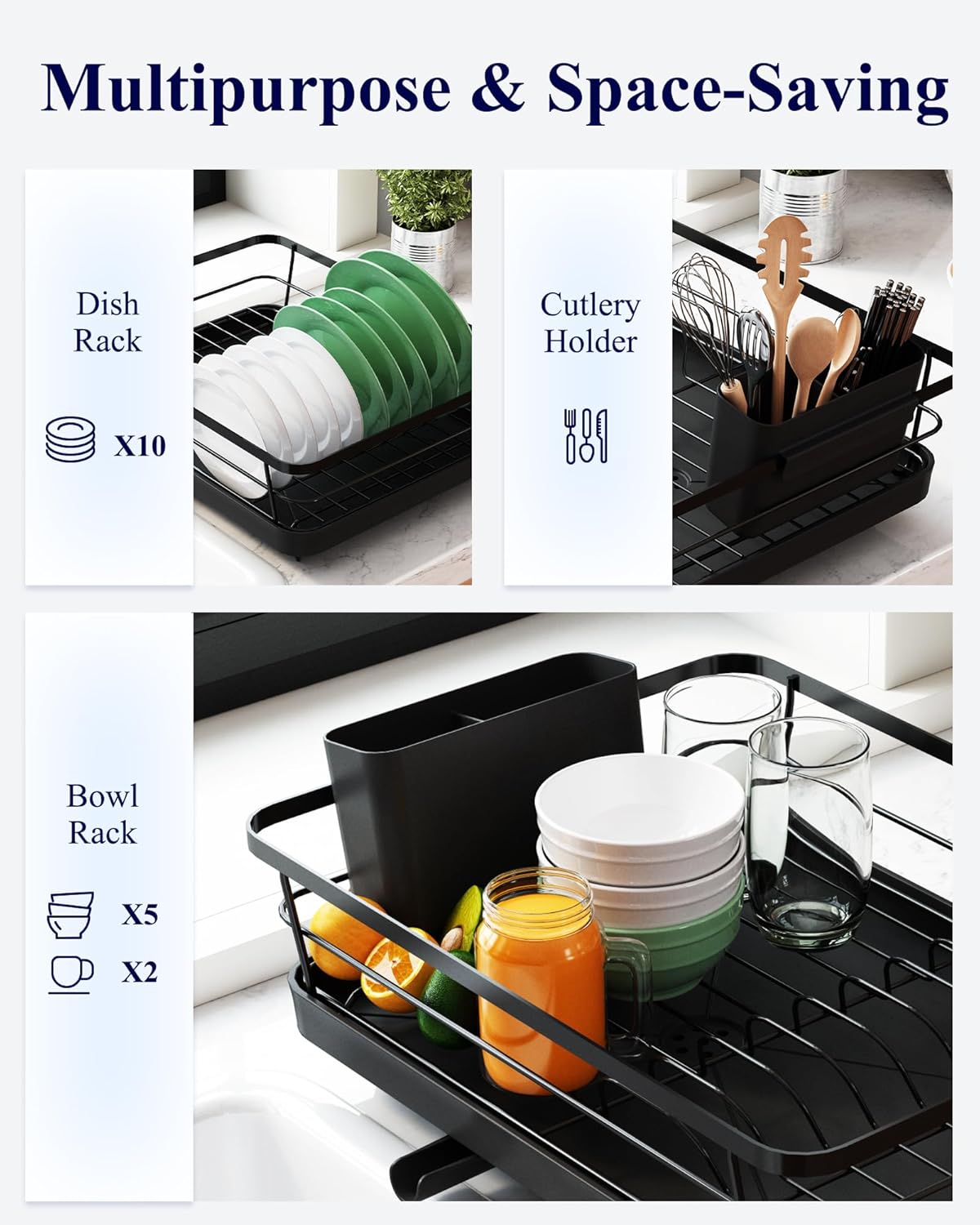 Kitsure Dish Drying Rack for Kitchen Counter, Stainless Steel Sink Organization and Storage Essentials with Cutlery Holder, Home and Appartment Decor, 12''W x 15.5''L, Black