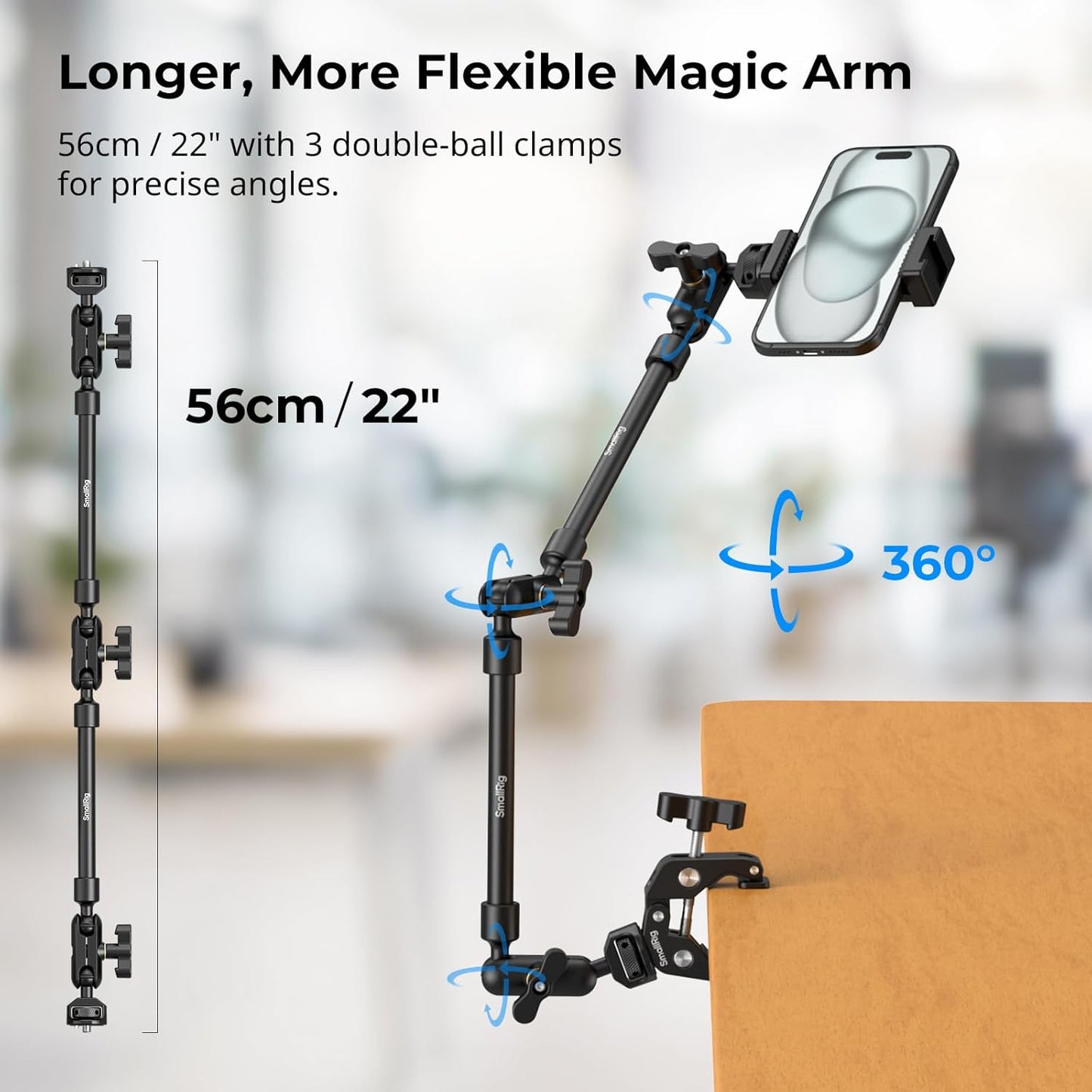 SMALLRIG 22" Magic Arm Clamp, Overhead Phone Mount Holder Stand, Flexible Desk Camera Mount, Articulating Friction Boom Arm, for POV Shot, Filming, Light, Webcam, Action Camera