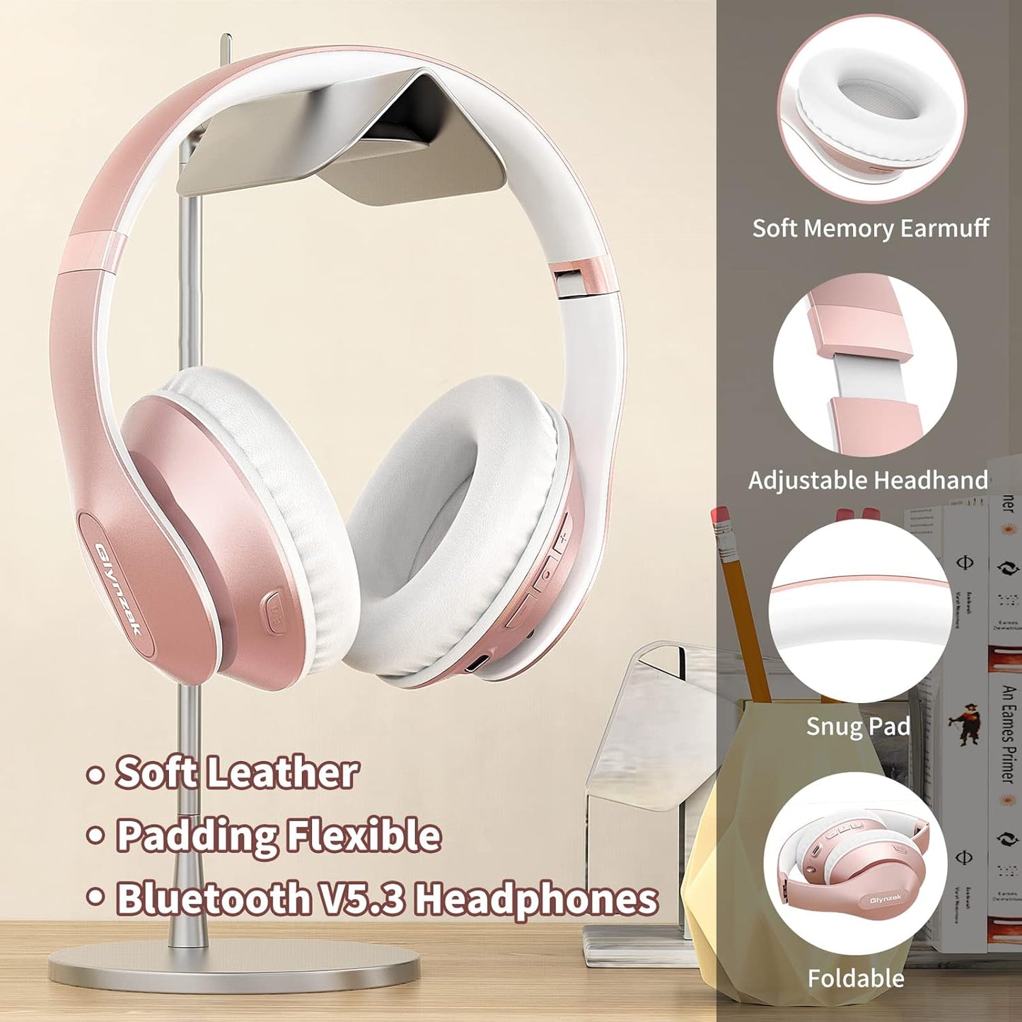Glynzak Wireless Bluetooth Headphones Over Ear 65H Playtime HiFi Stereo Headset with Microphone and 6EQ Modes Foldable Bluetooth V5.3 Headphones for Travel Smartphone Computer Laptop Rose Gold