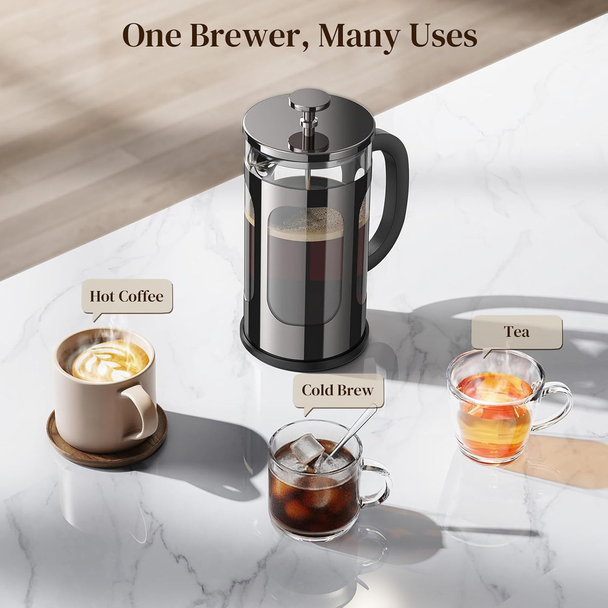 Veken French Press Coffee Maker 34oz,No Plastic Touching Cafe,Thickened Borosilicate Glass Stainless Steel Brewer,Cold Brew Cafetera Teapot for Kitchen Travel Camping,Gifts,Bar Accessories,Dark Pewter