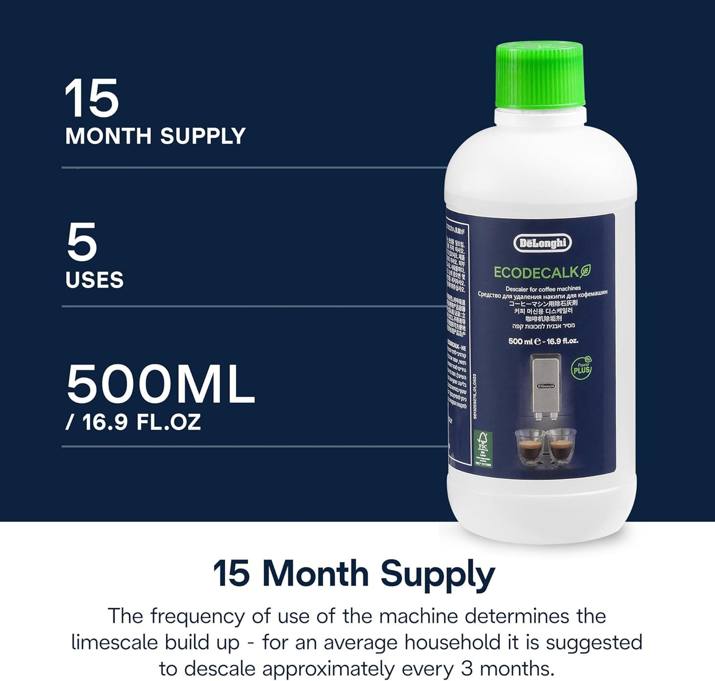 De'Longhi EcoDecalk Descaler, Eco-Friendly Universal Descaling Solution for Coffee & Espresso Machines, 16.90 oz (5 uses)