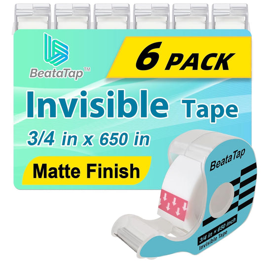 Tape, Invisible Tape for Gift Wrapping, 6 Rolls+6 Refillable Dispensers, Matte Finish, Writable, 3/4″x 650″, Clear Tapes for Christmas Wrapping Paper, Office&School Supplies