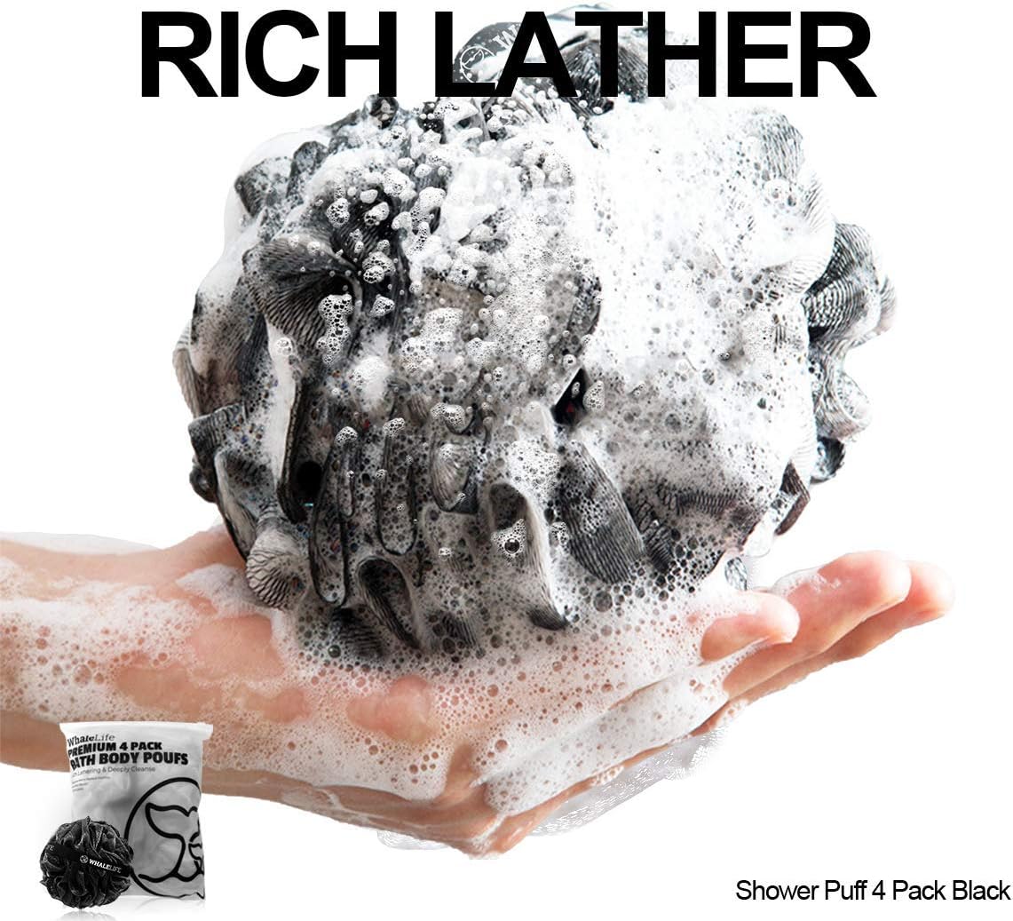 Loofah Bath Sponges - Black Gentle Exfoliating Shower Loofah for Rich Lather, Durable Mesh Body Scrubber for Men & Women 4 Pack