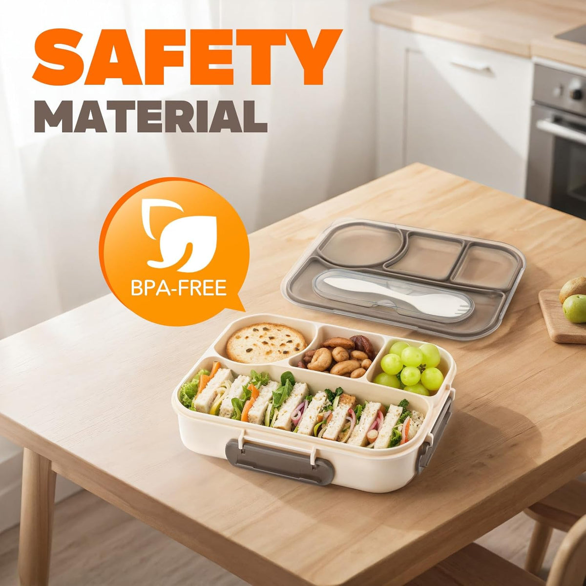 EASYFUN Bento Box Adult, Lunch Box Kids, 4-Compartment Lunch Containers, Drop-Proof, Dishwasher Safe & Made with BPA-Free Materials(Khaki)