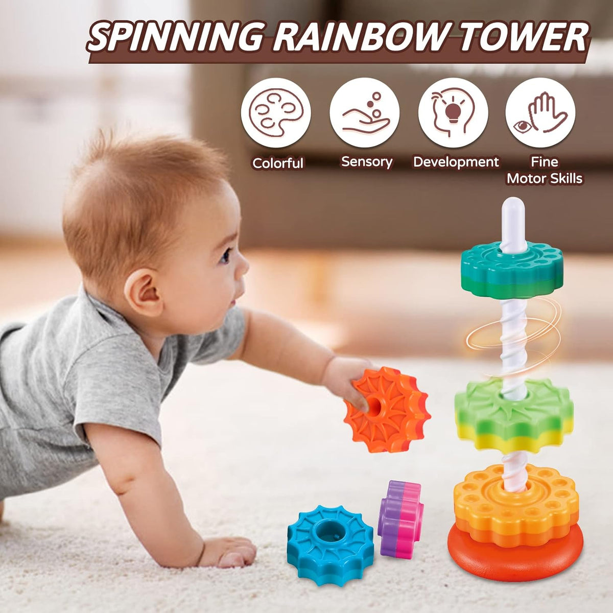 Baby Spinning Stacking Toys for Toddlers 1-3, Rainbow Ring Stacker Montessori Toys for Babies 6-12 Months, 1 2 3 One Year Old Girl Boy Birthday Gifts, Autism Sensory Learning Toy