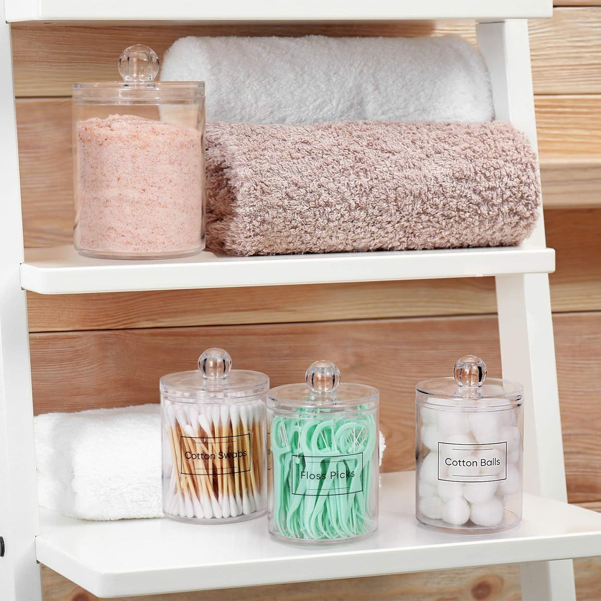 Clear Acrylic Qtip Holder Dispenser Set 4-Pack – Bathroom Vanity Storage Jars for Cotton Balls, Swabs, Pads, Floss Picks (10oz & 12oz)
