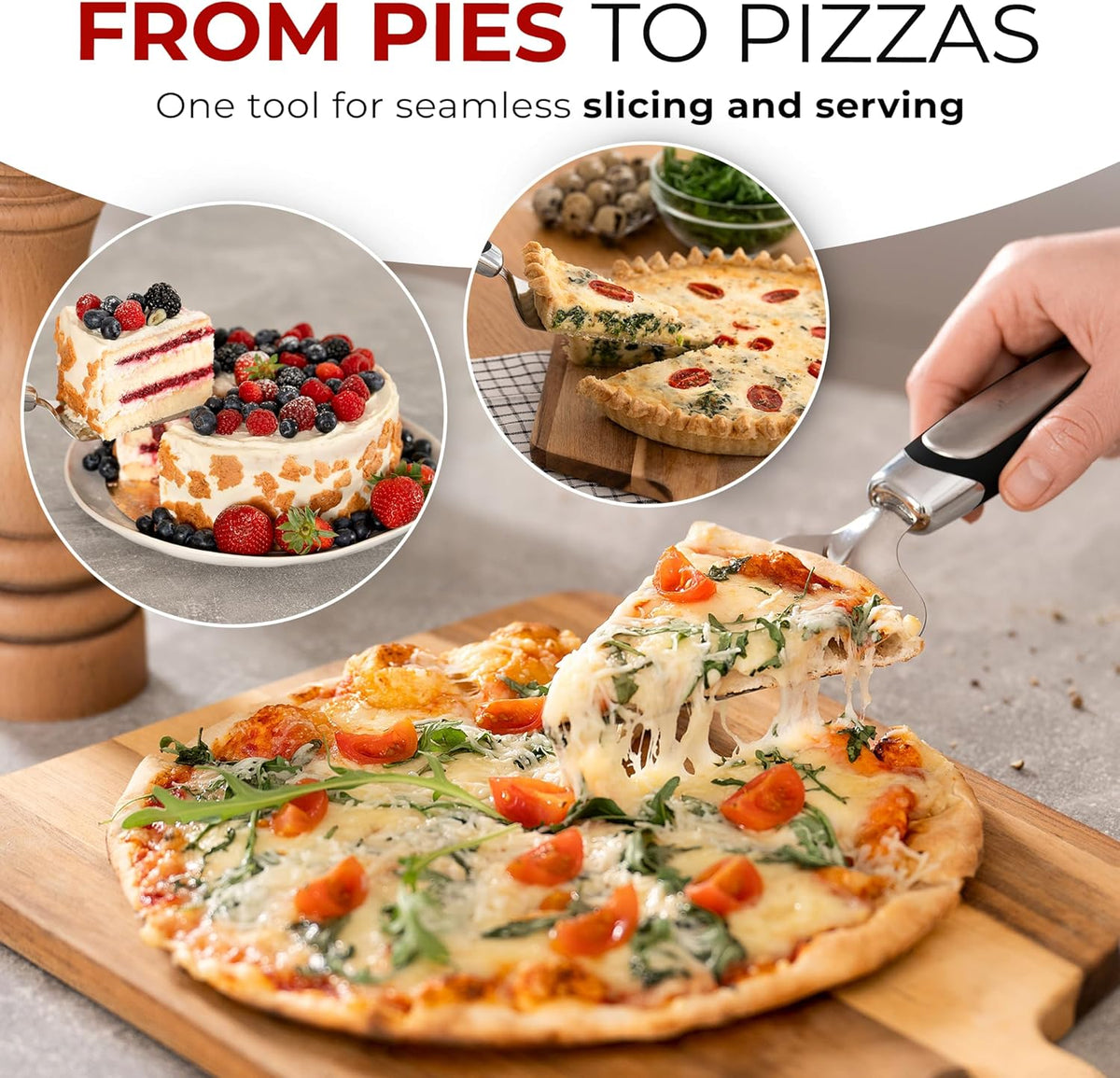Orblue Pie Server, Essential Kitchen Tool, Serrated on Both Sides, Great for Right or Left Handed Chef, Stainless Steel Flatware, Cake Cutter, Black