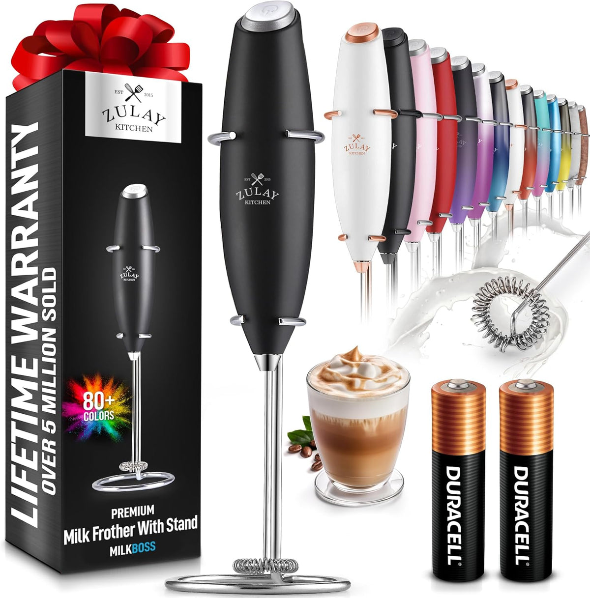 Zulay Original Milk Frother Handheld Foam Maker for Lattes - Whisk Drink Mixer for Coffee, Mini Foamer for Cappuccino, Frappe, Matcha, Hot Chocolate by Milk Boss (Black)