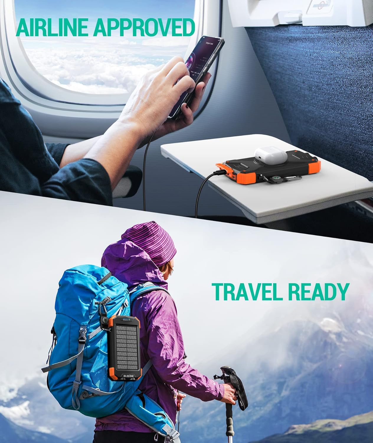 BLAVOR Solar Power Bank 10,000mAh – Wireless Portable Charger, 20W Fast Charging, USB-C Battery Pack with Dual Flashlight