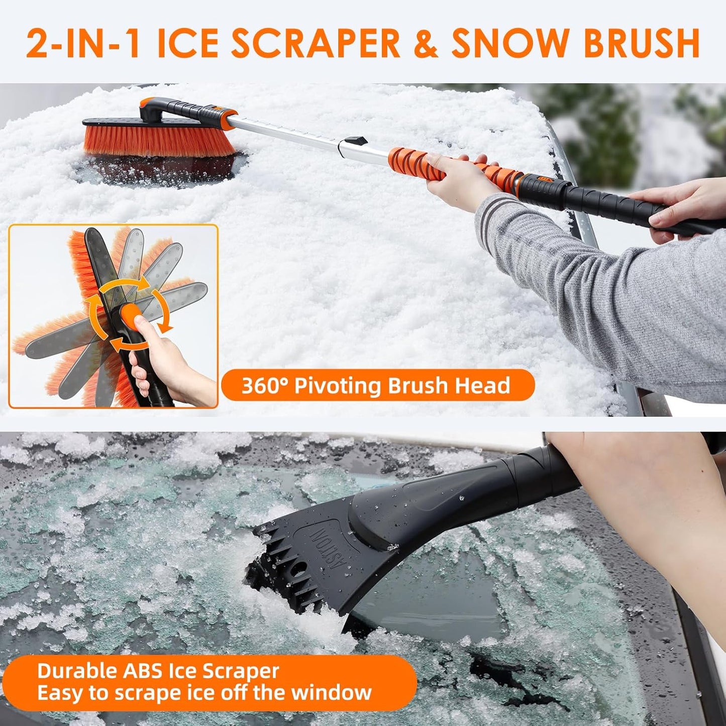 AstroAI 47.2" Ice Scrapers for Car Windshieldand Extendable Snow Brush with Foam Grip and 360° Pivoting Brush Head for Car Auto Truck SUV(Orange)