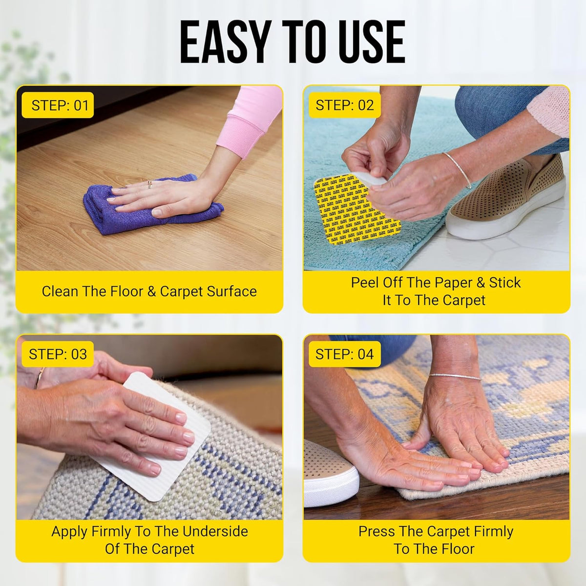 Alien Grip Rug Gripper Carpet Tape - 12pcs, 4x4 in. Anti-Slip Hardwood, Tile Floor, No Damage - Double Sided Reusable, Non Slip Corner Rug Pads - As Seen on TV