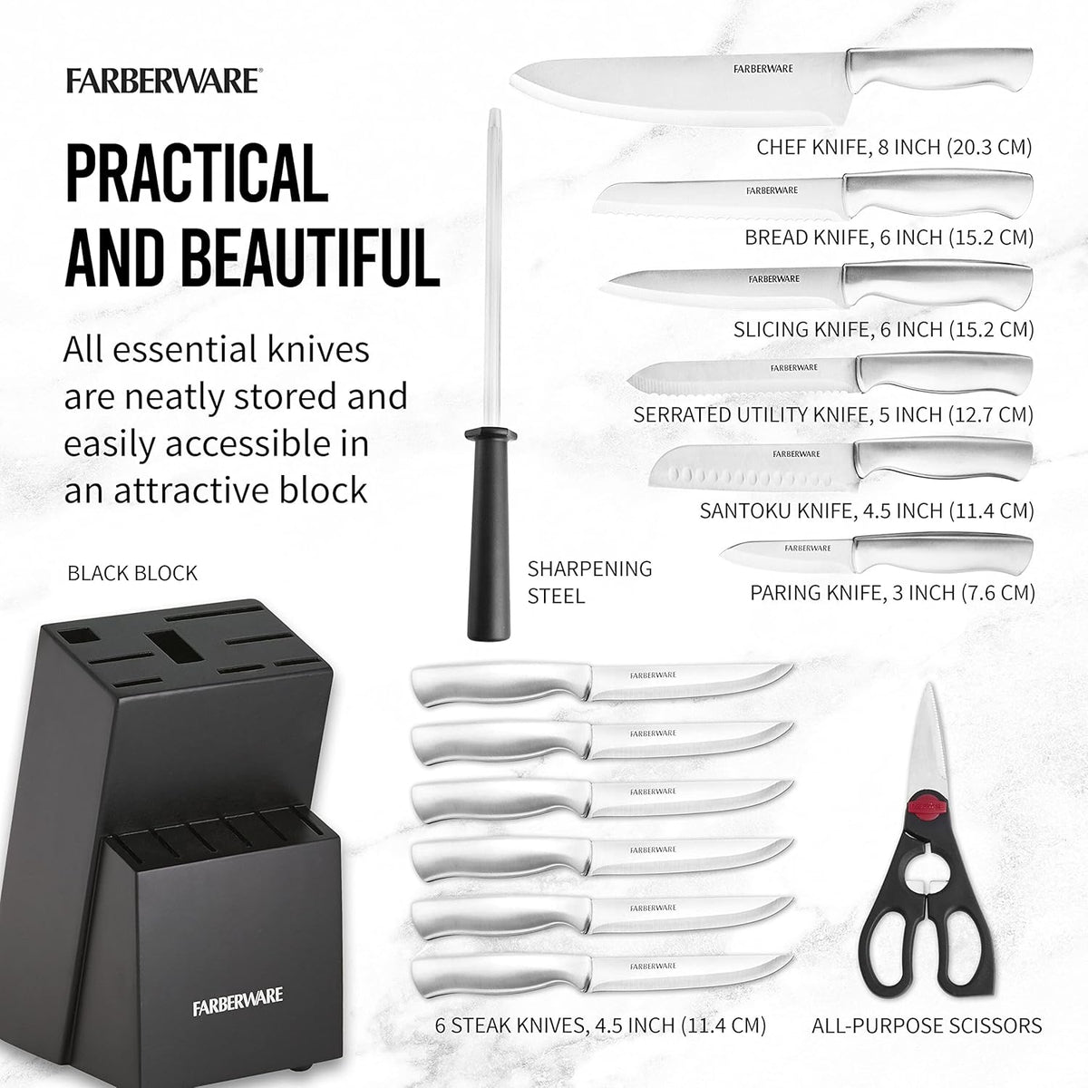 FARBERWARE 15-Piece Kitchen Knife Set with High-Carbon Stainless Steel Blades, Black Handles, Steak Knives, Wood Block, Razor Sharp and Ergonomic