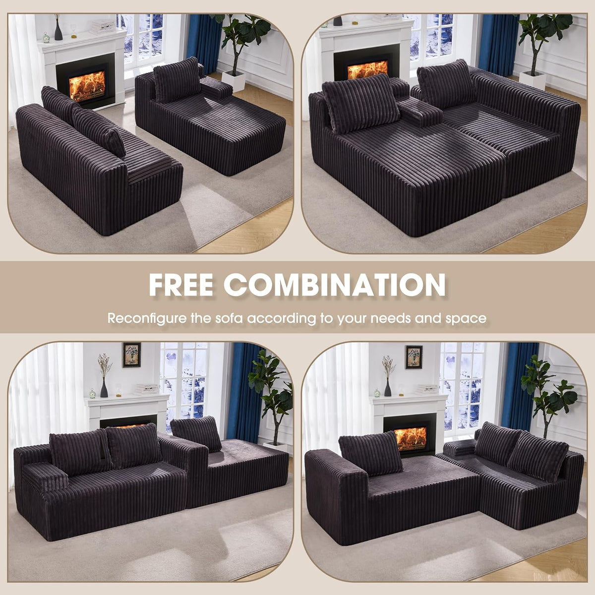 Modular Sectional Sofa Couches L-Shape Couch 3 Seat Modular Sofa Memory Foam Sectional Couches for Living Room, Cloud Couch with Oversized Chaise (Grey Stripe, 96" Right Facing Chaise) | modular