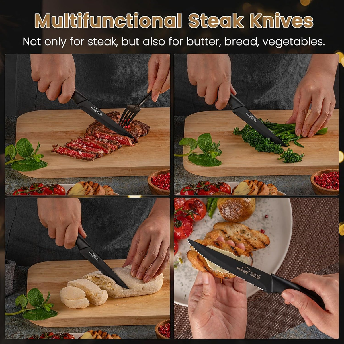 Amorston Steak Knives, Steak Knives Set of 8, Stainless Steel Steak Knife Set, Serrated Knives Dishwasher Safe, Elegant Black