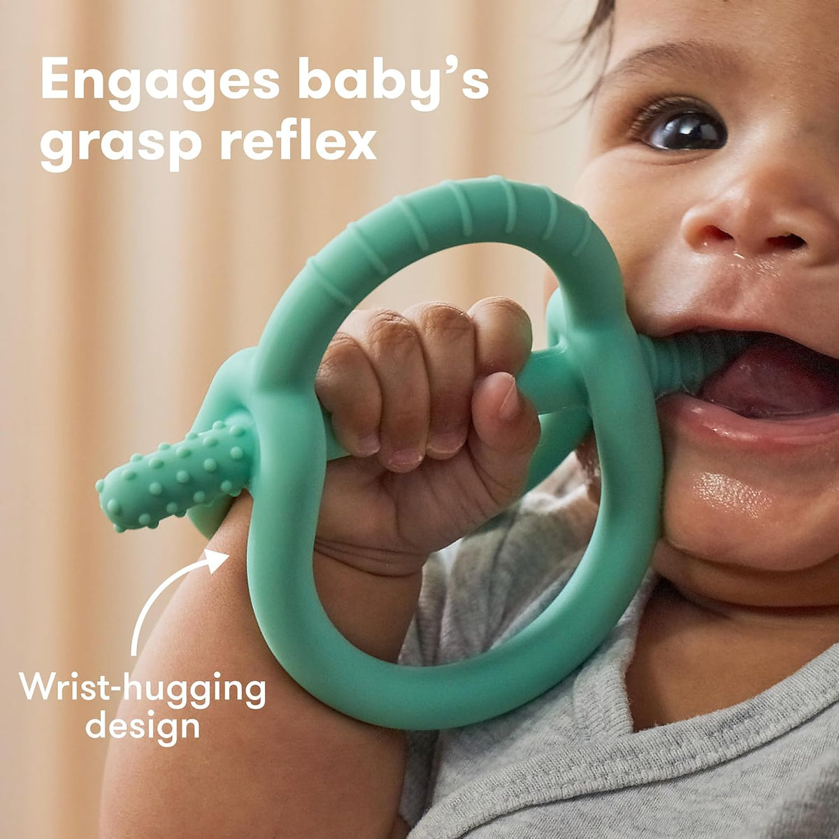 Frida Baby Get-A-Grip Silicone Teether for Teething Pain Relief, BPA-Free Food-Grade Teething Toys for Infant Baby Newborn 0-6, 12, 18 Months, Easy-Grip Teether Ring, PVC-Free, Teal