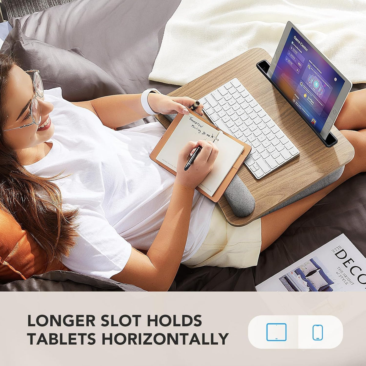 HUANUO Portable Lap Laptop Desk with Pillow Cushion, Fits up to 15.6 inch Laptop, with Anti-Slip Strip & Storage Function for Home Office Students Use as Computer Laptop Stand, Book Tablet