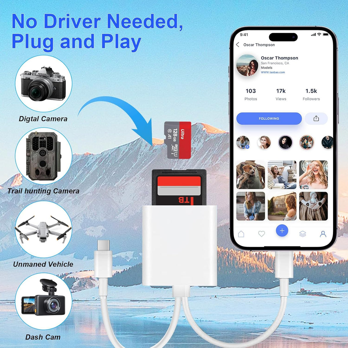 Denlane SD Card Reader for iPhone iPad, USB C & Lightning Dual Interface Memory Card Reader, Digital Camera Adapter to iPhone/MacBook/USBC Laptop for SD/TF/Sim Card, Plug & Play, Camera Accessories