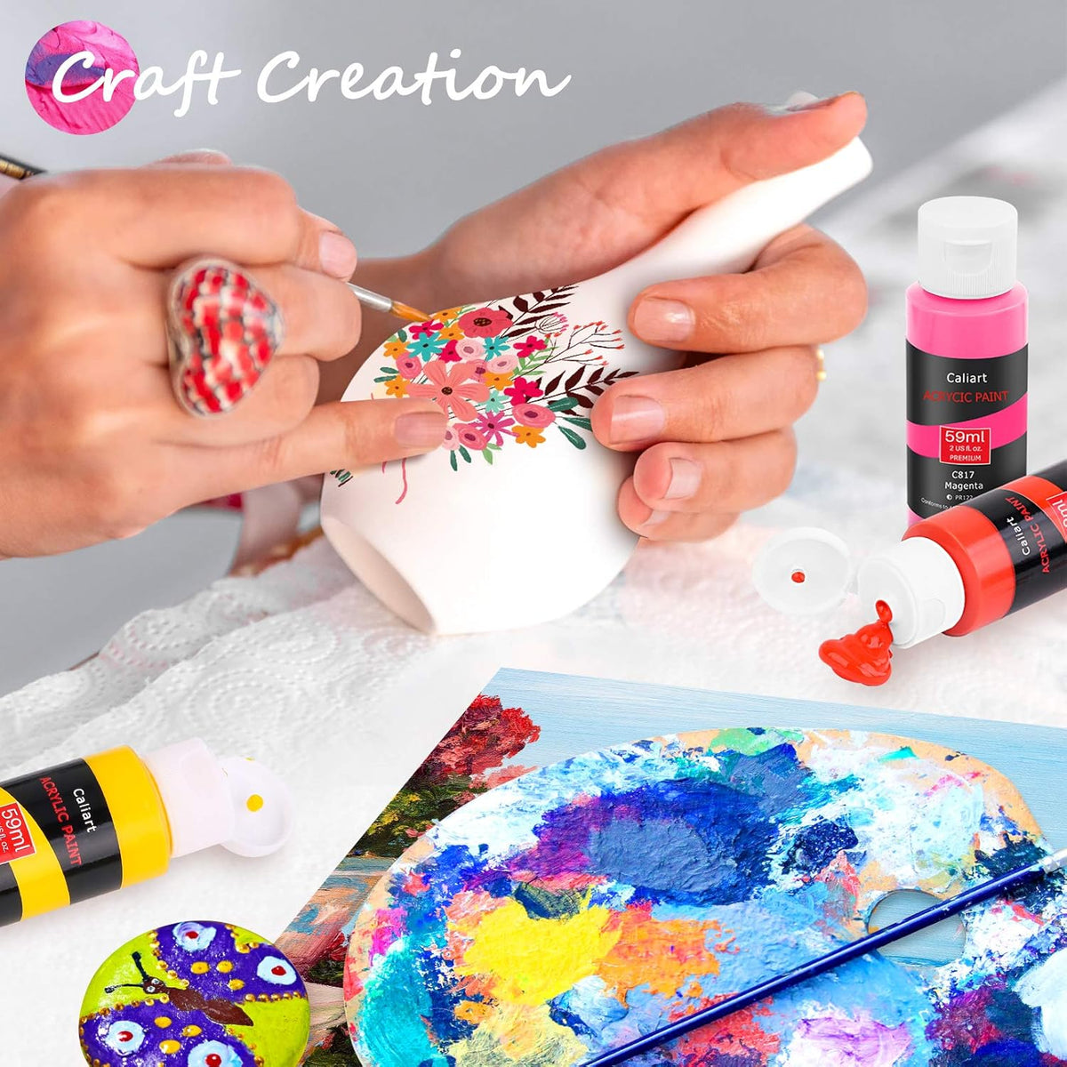 Caliart 24 Colors Acrylic Paint Set with 12 Brushes, Art Craft Paints Gifts Trendy Stuff for Adults Artists, Halloween Pumpkin Canvas Ceramic Rock Eggs Painting Kit Art Supplies