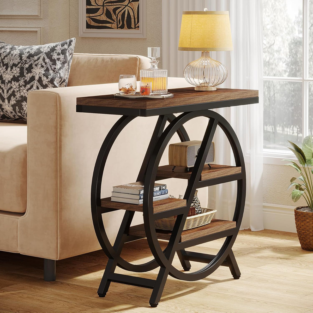 Tribesigns End Table for Living Room, 3-Tier Narrow Side Table with Storage, Wood Sofa Side Table with Geometric Metal Frame, Industrial Nightstand and Bedside Table for Bedroom