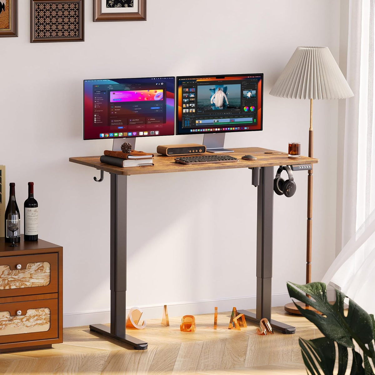Claiks Electric Standing Desk, Adjustable Height Stand up Desk, 24x48 Inches Sit Stand Home Office Desk with Splice Board, Black Frame/Rustic Brown Top