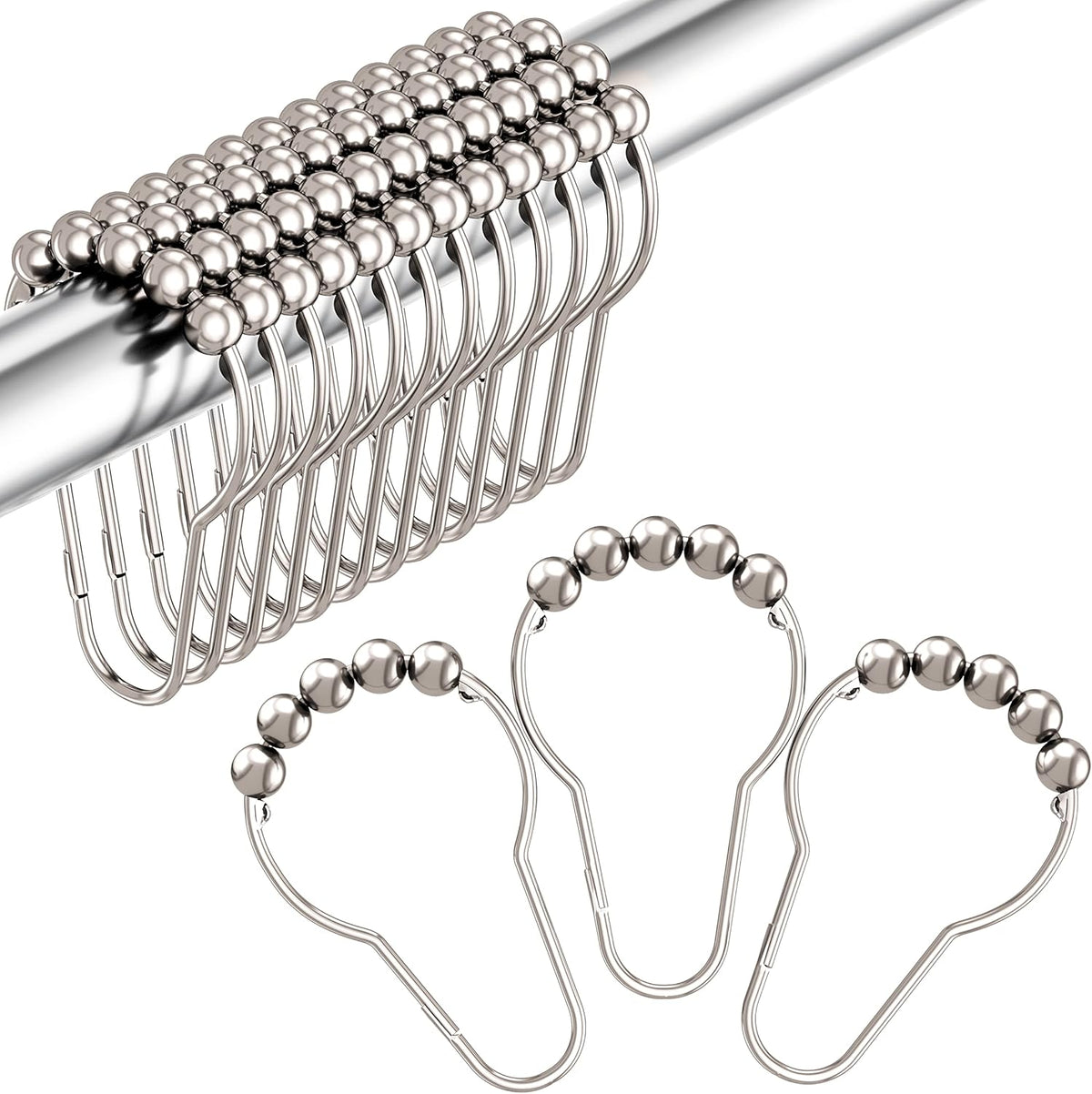 Amazer Shower Curtain Hooks, Decorative Rust Proof Stainless Steel Shower Curtain Hooks for Bathroom Shower Rods Set of 12, Polished Nickel