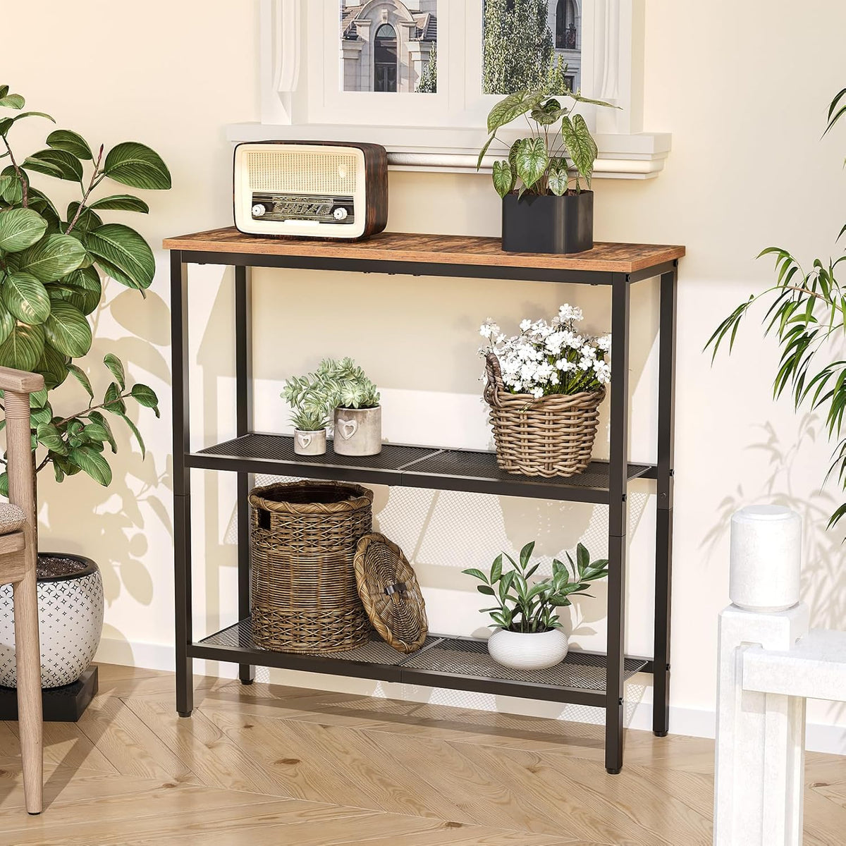 HOOBRO 29.5" Narrow Console Table, 3-Tier Entryway Table, Thin Sofa Table with Shelves, Side Table, Display Table, for Hallway, Entrance, Living Room, Bedroom, Rustic Brown and Black BF73XG01
