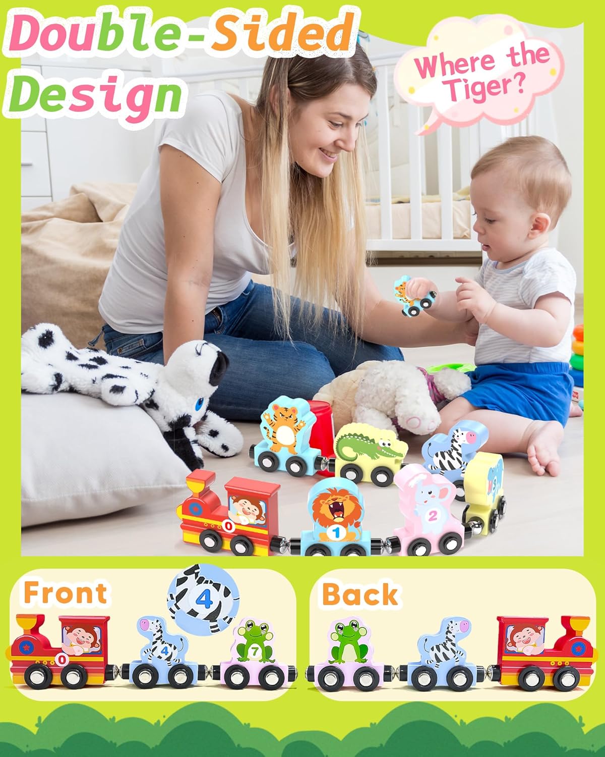 11 Pcs Magnetic Train Set Montessori Toys for 1 2 3 Years Old Toddlers Boys Girls, Wooden Animals Preschool Learning Easter Basket Stuffers Sensory Toys Birthday Gifts Ages 1-3, 2-4