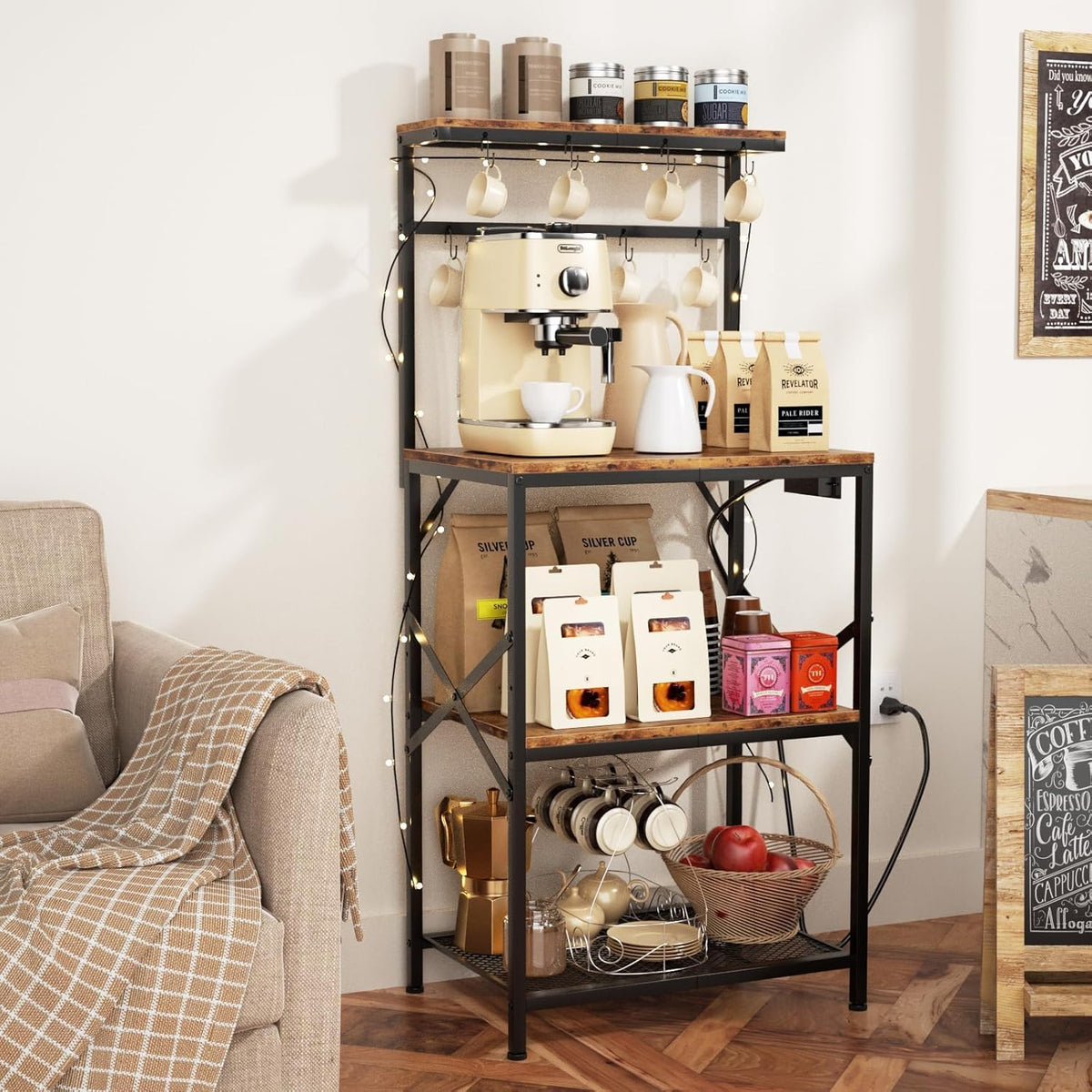 Kitchen Bakers Rack with Power Outlet, Coffee Bar Table 4 Tiers, Microwave Stand with 8 Hooks, Coffee Station and Organizer, Kitchen Storage Shelves Rack for Spices, Pots, Black