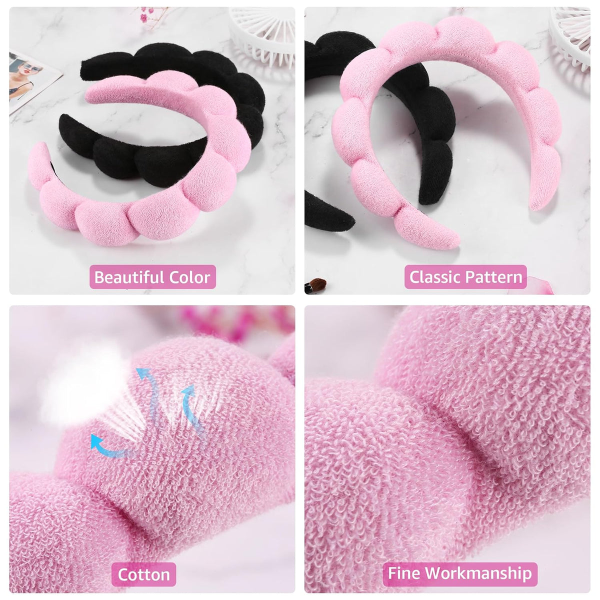 Spa Headbands for Washing Face or Facial, Set of 2 Skincare Headbands, Terry Cloth Headband Wash Combo Pack - Puffy Makeup Washing, Mask, Skin Treatment (Black & Pink)