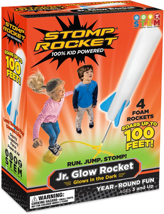 Stomp Rocket Jr Glow Rocket Launcher for Kids - 4 Glow-in-The-Dark Rockets - Outdoor Fun Toy Gift for Boys & Girls - STEM Soft Foam Blaster Set Soars Up to 100 Feet - Ages 3 & Up