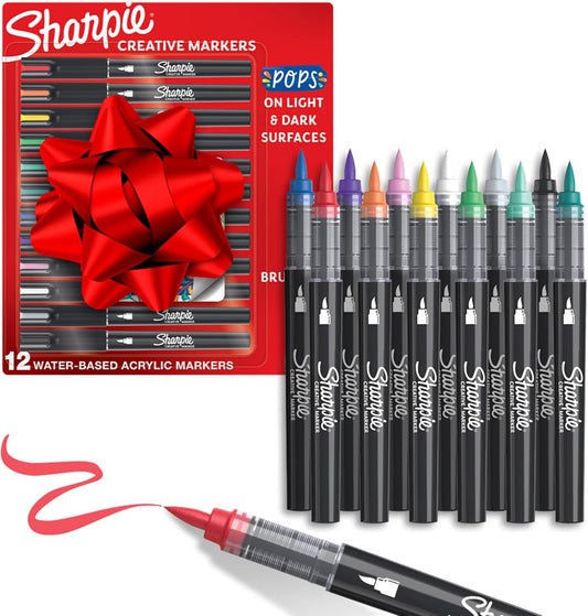 Sharpie Creative Markers, Water-Based Acrylic, Brush Tip, Assorted Colors, 12 Count – Arts & Crafts, Kids Activity, School Classroom; Works on Paper, Metal, Wood, Ceramic, Glass, Rock, Canvas
