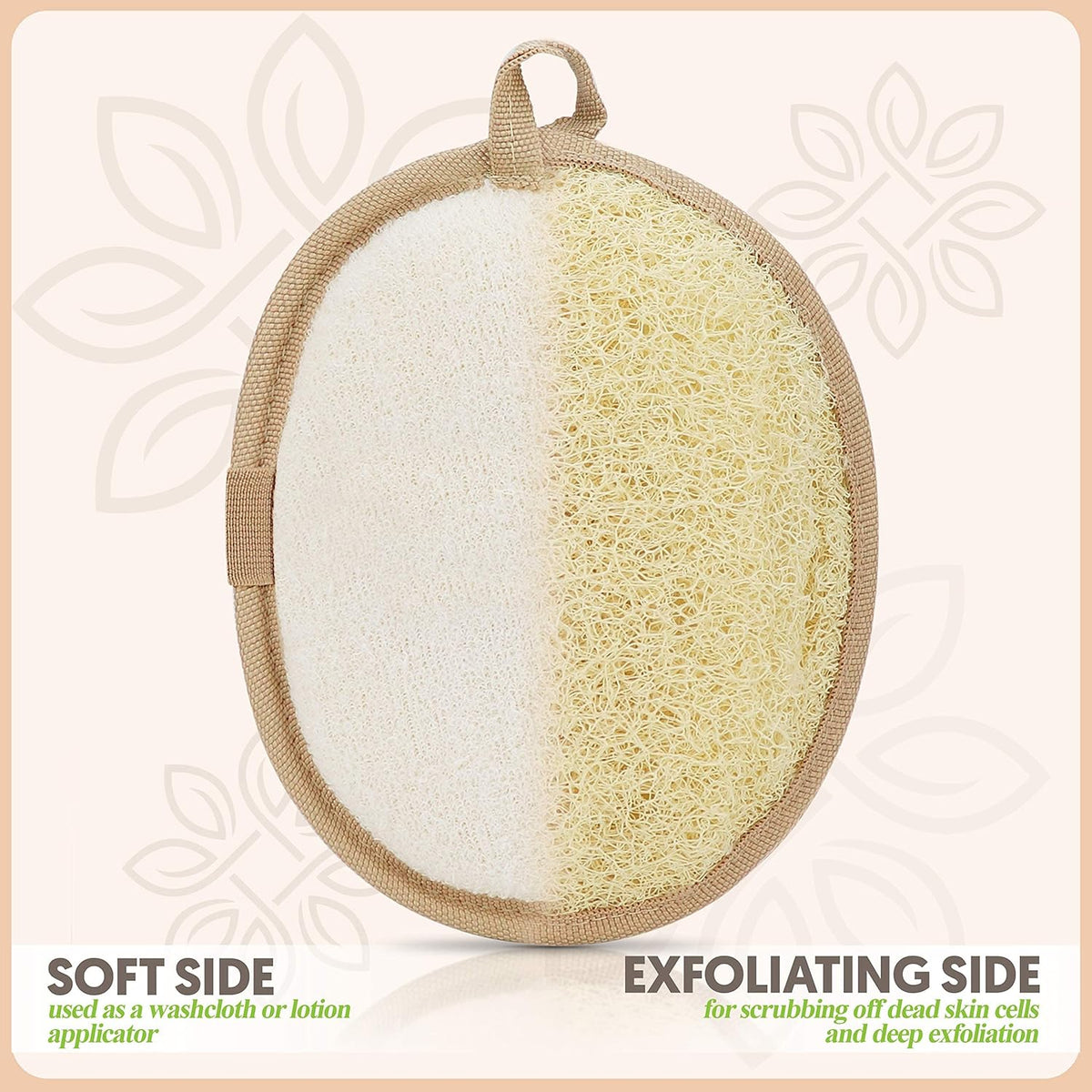 Almooni Natural Loofah Exfoliating Body Scrubber Pads, Lightly Abrasive Egyptian Loofah for Face and Body Cleansing, Dual-Sided with Terry Cloth, Hand Strap, 2-Count