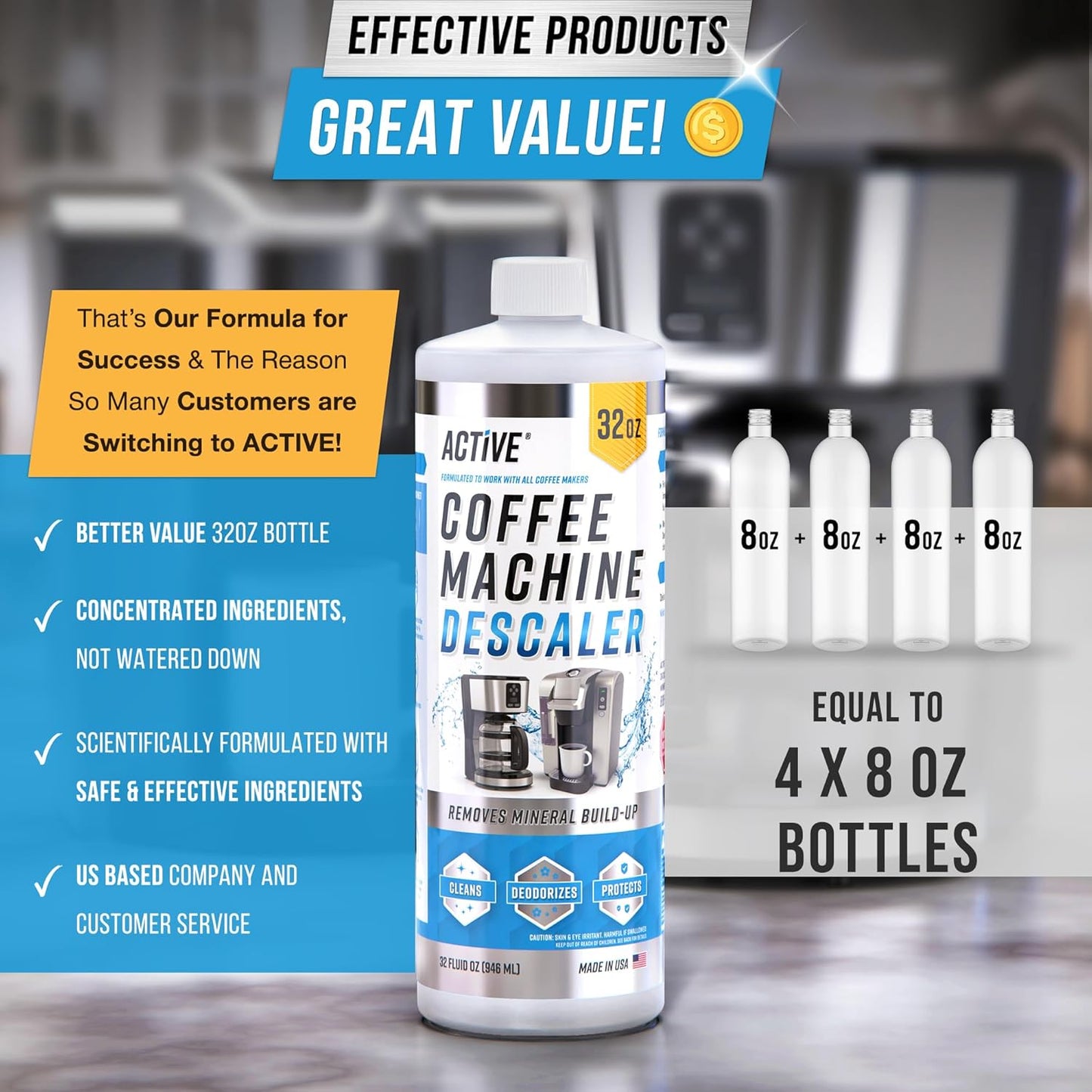 ACTIVE Coffee Machine Descaler Descaling Solution - 32oz (8 Uses) Compatible with Keurig,Nespresso,Breville,Delonghi, Jura, Ninja - Espresso Coffee Maker Cleaner,Coffee Pot Cleaning Limescale Remover