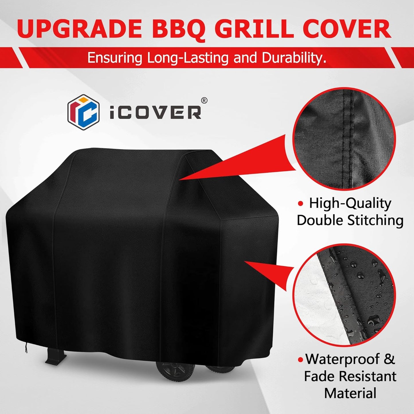 i COVER Grill Cover, 58 inch BBQ Grill Cover for Outdoor Grill, Anti-UV & Fade Resistant Gas Grill Cover, Waterproof Barbecue Grill Covers for Weber, Char-Broil, Nexgrill and More, Black