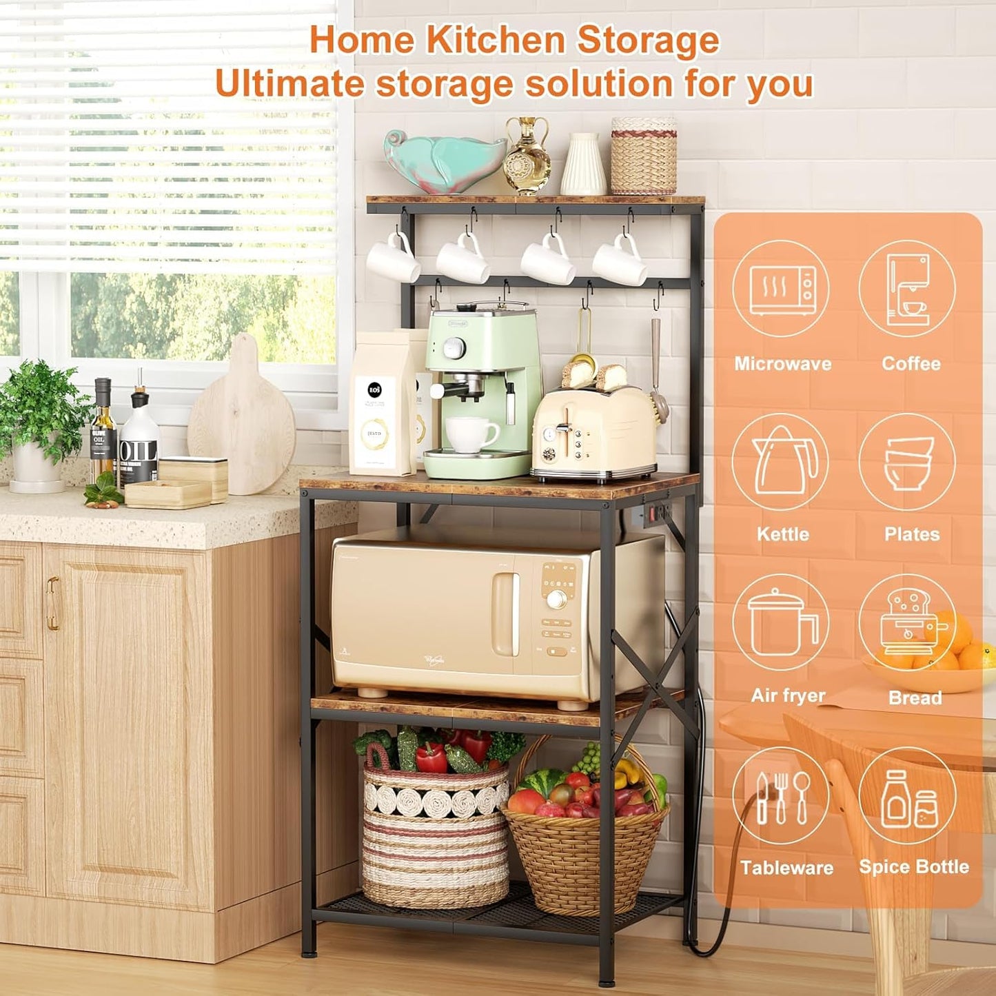 Kitchen Bakers Rack with Power Outlet, Coffee Bar Table 4 Tiers, Microwave Stand with 8 Hooks, Coffee Station and Organizer, Kitchen Storage Shelves Rack for Spices, Pots, Black