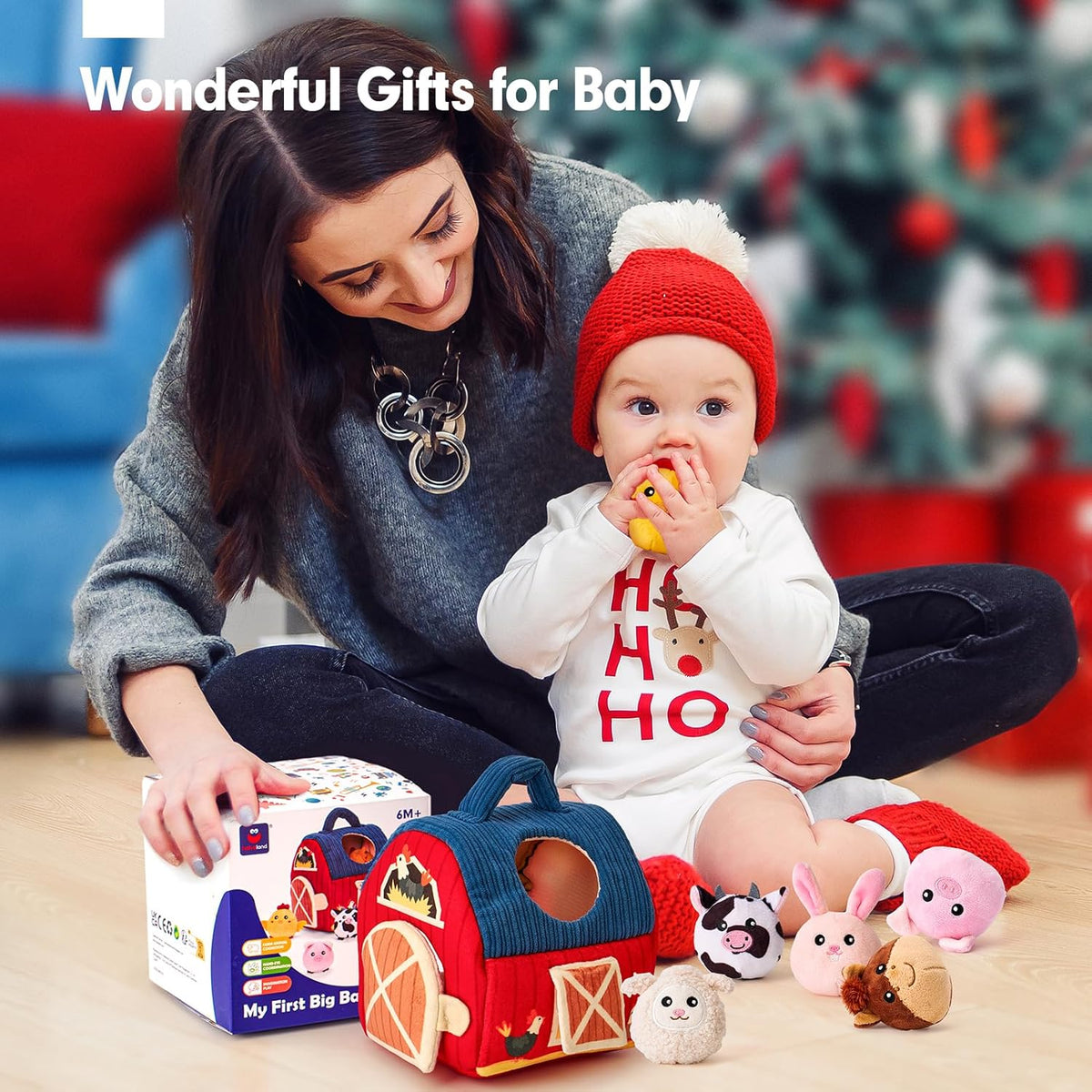 hahaland Baby Toys 6-12 Months - Surprise Barn Stuffed Farm Animals, Rattle, Crinkle, Mirror, Montessori Toys for 6 Month Old Sensory Balls 1-3 Plush Baby Valentines Day Gifts Easter Basket Stuffers