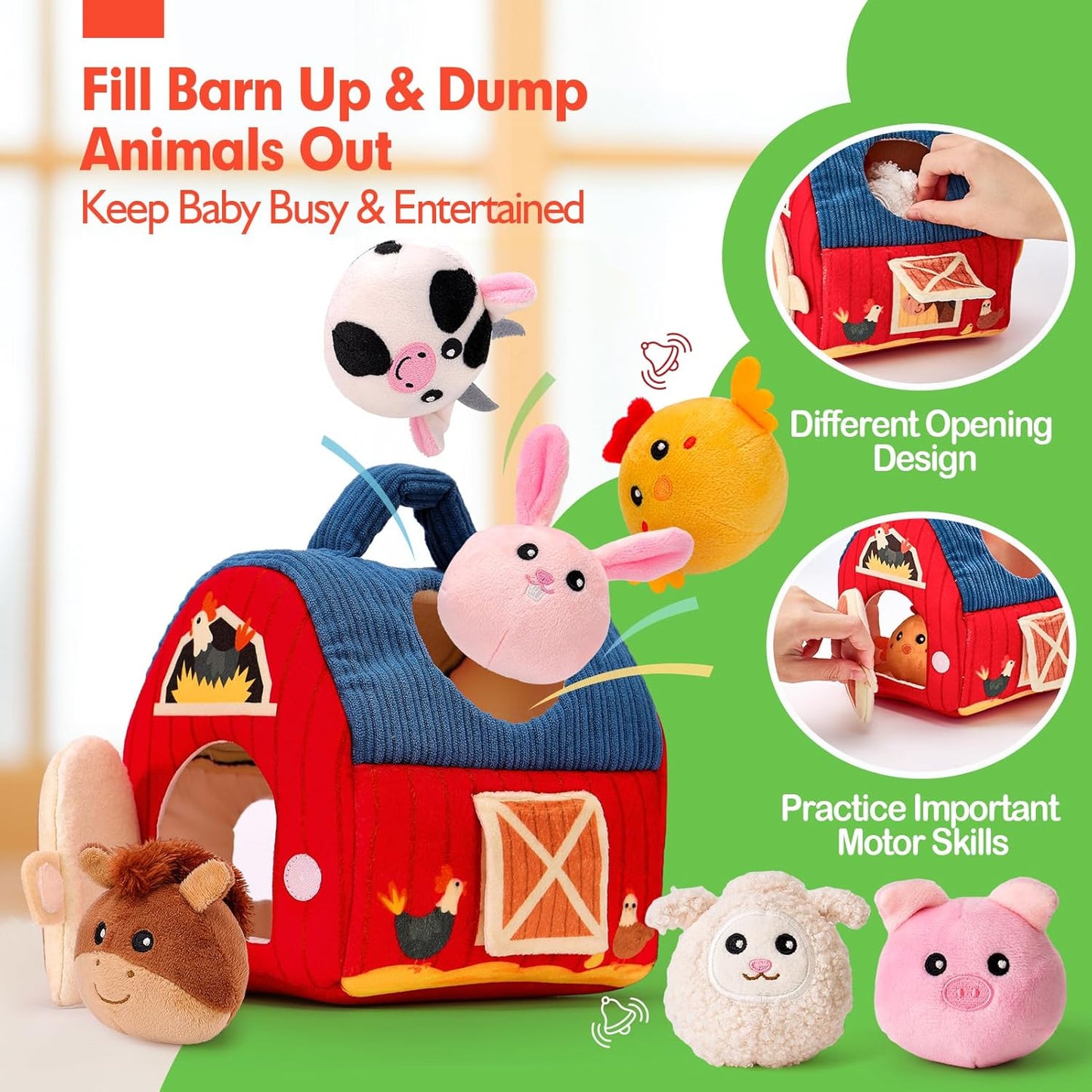 hahaland Baby Toys 6-12 Months - Surprise Barn Stuffed Farm Animals, Rattle, Crinkle, Mirror, Montessori Toys for 6 Month Old Sensory Balls 1-3 Plush Baby Valentines Day Gifts Easter Basket Stuffers