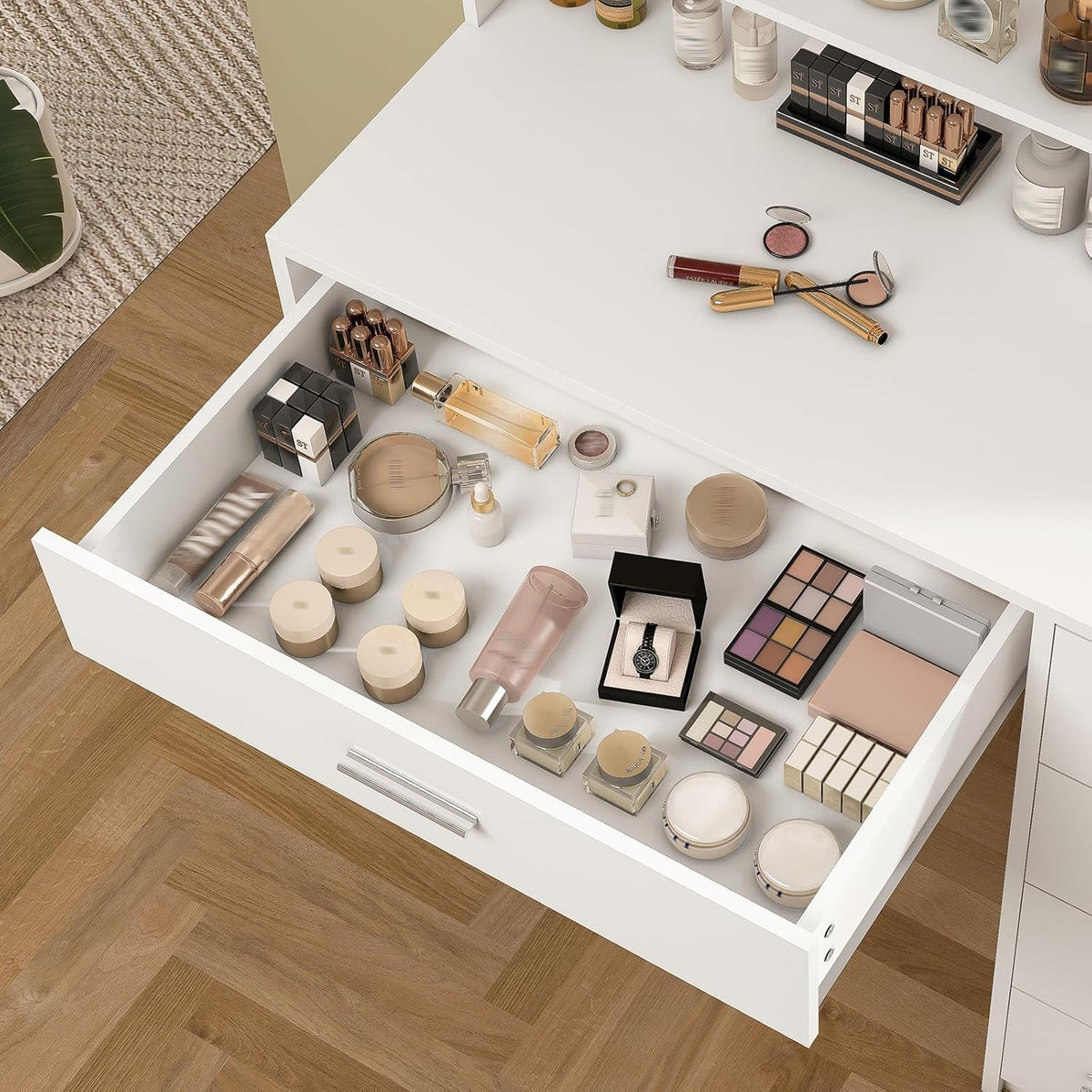 Quimoo Vanity Desk with Mirror & Lights, Makeup Vanity with 5 Drawers & Storage Shelves, White Vanity Table, 3 Color Modes & Adjustable Brightness, Dressing Table, Bedroom