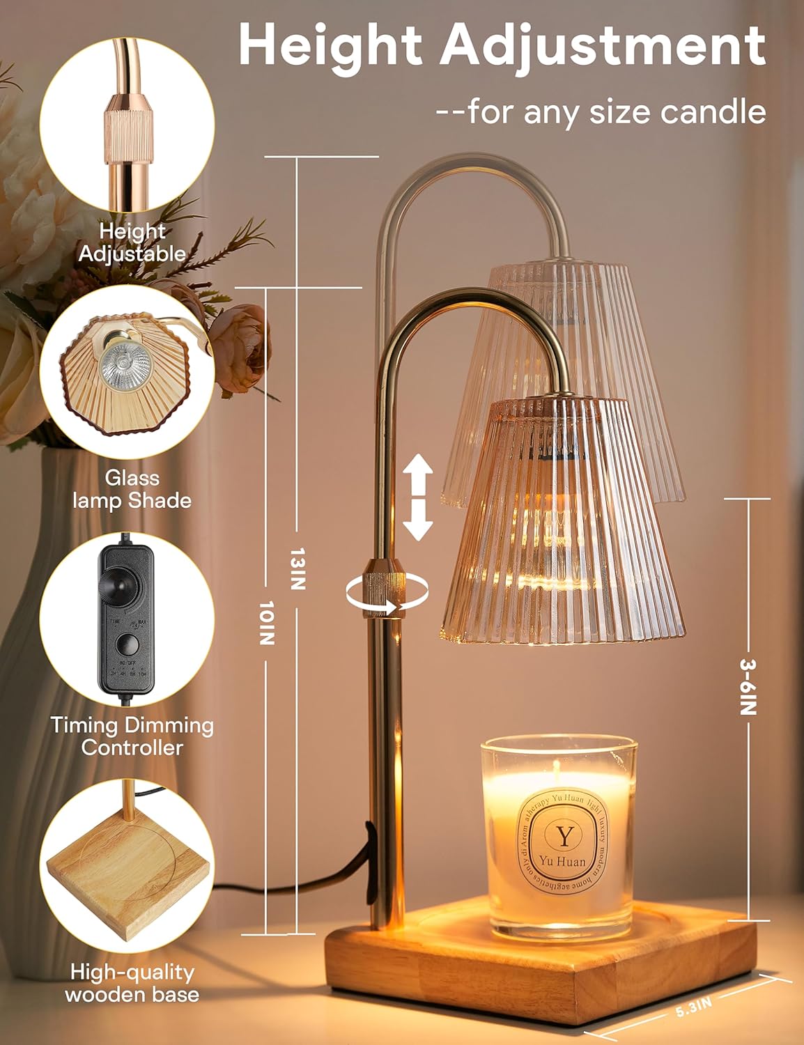 Candle Warmer Lamp with Timer, Dimmable Candle Warmer for Home Decor, Birthday Gifts for Women, Adjustable Height Wax Melts Warmer with 2 Bulbs