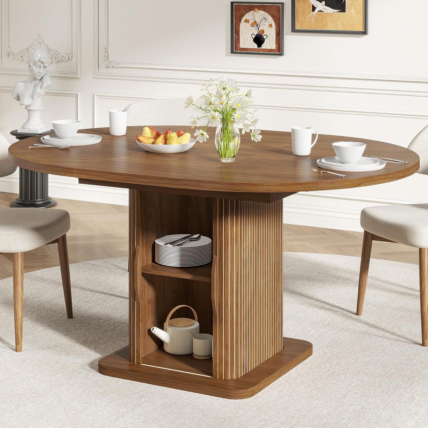 Extendable Round Dining Table for 4-6-8, 59 Inch Dining Room Kitchen Table with Storage, Fluted Wood Slide Door, Modern Oval Circle Dinner Furniture for Living Room, Farmhouse, Brown, Walnut
