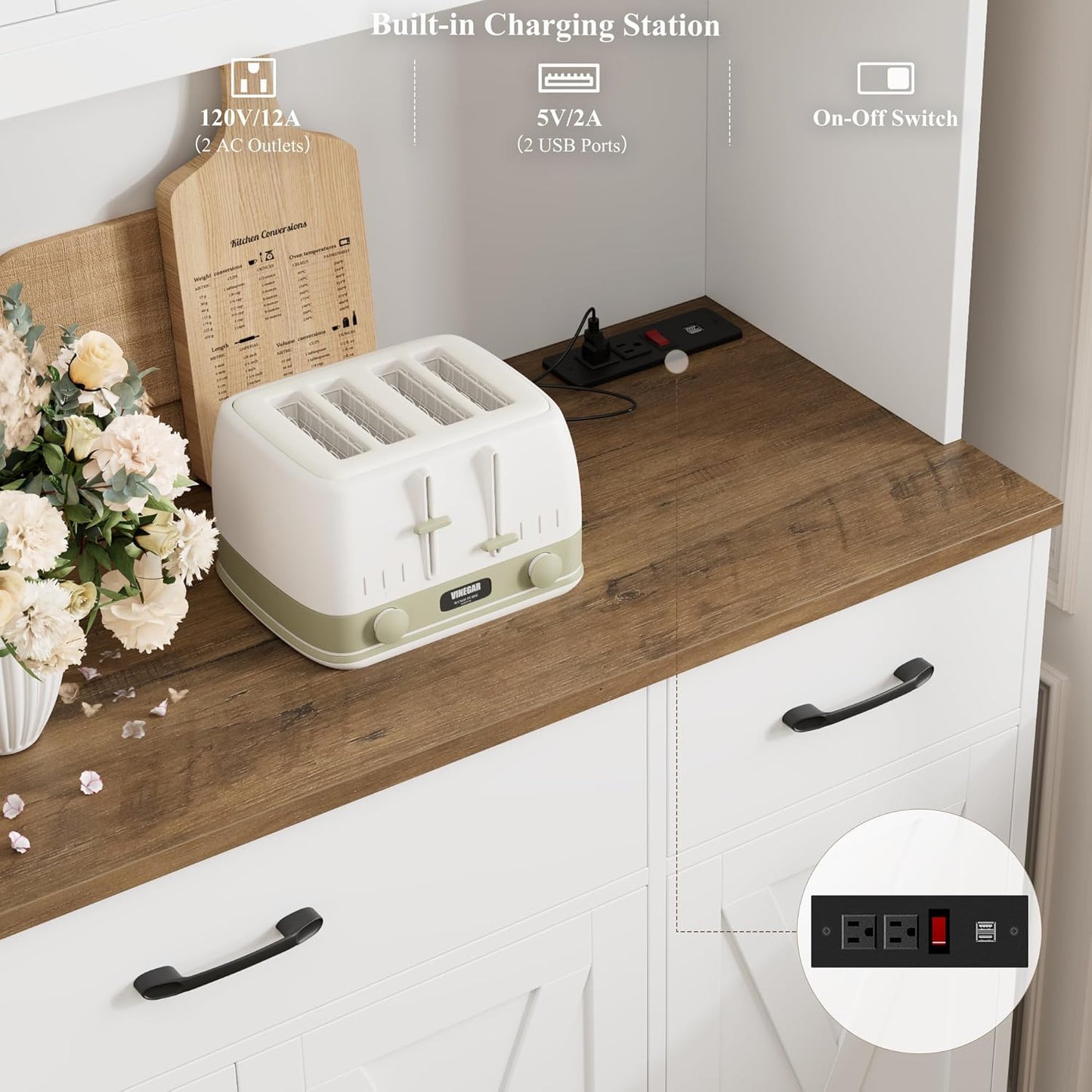 HOSTACK 71" Tall Kitchen Pantry Storage Cabinet with Charging Station, 55" Wide Kitchen Hutch Cabinet with Large Countertop, Farmhouse Food Pantry with Drawers for Living Room (White)